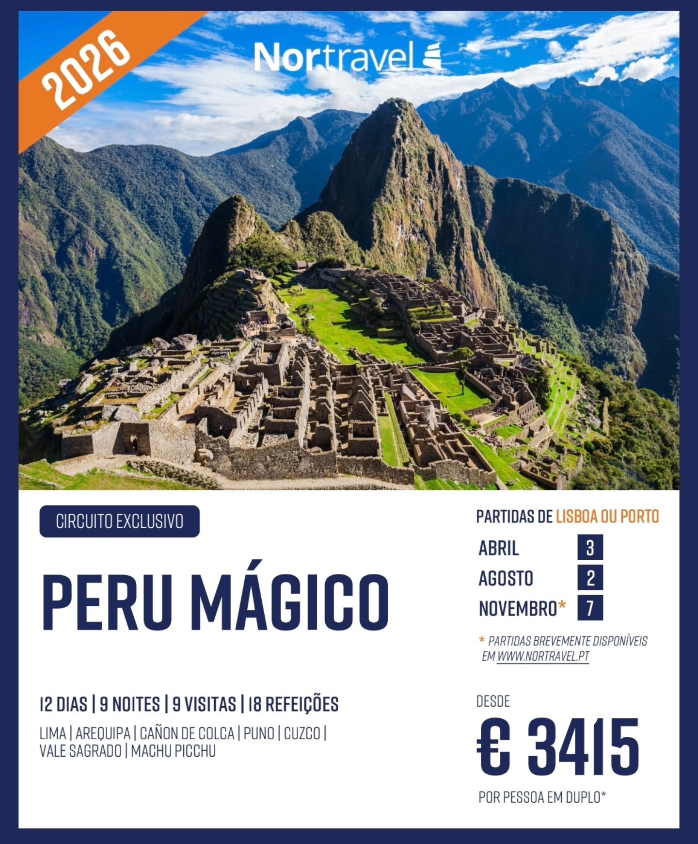 ✨ Peru M&aacute;gico 2026 &mdash; Reservas Abertas! 🇵🇪🌄

Uma viagem &uacute;nica pelo cora&ccedil;&atilde;o dos Andes!
Descobre as cores, sabores e mist&eacute;rios do Peru, acompanhado por experientes guias locais em portugu&ecirc;s que te far&at