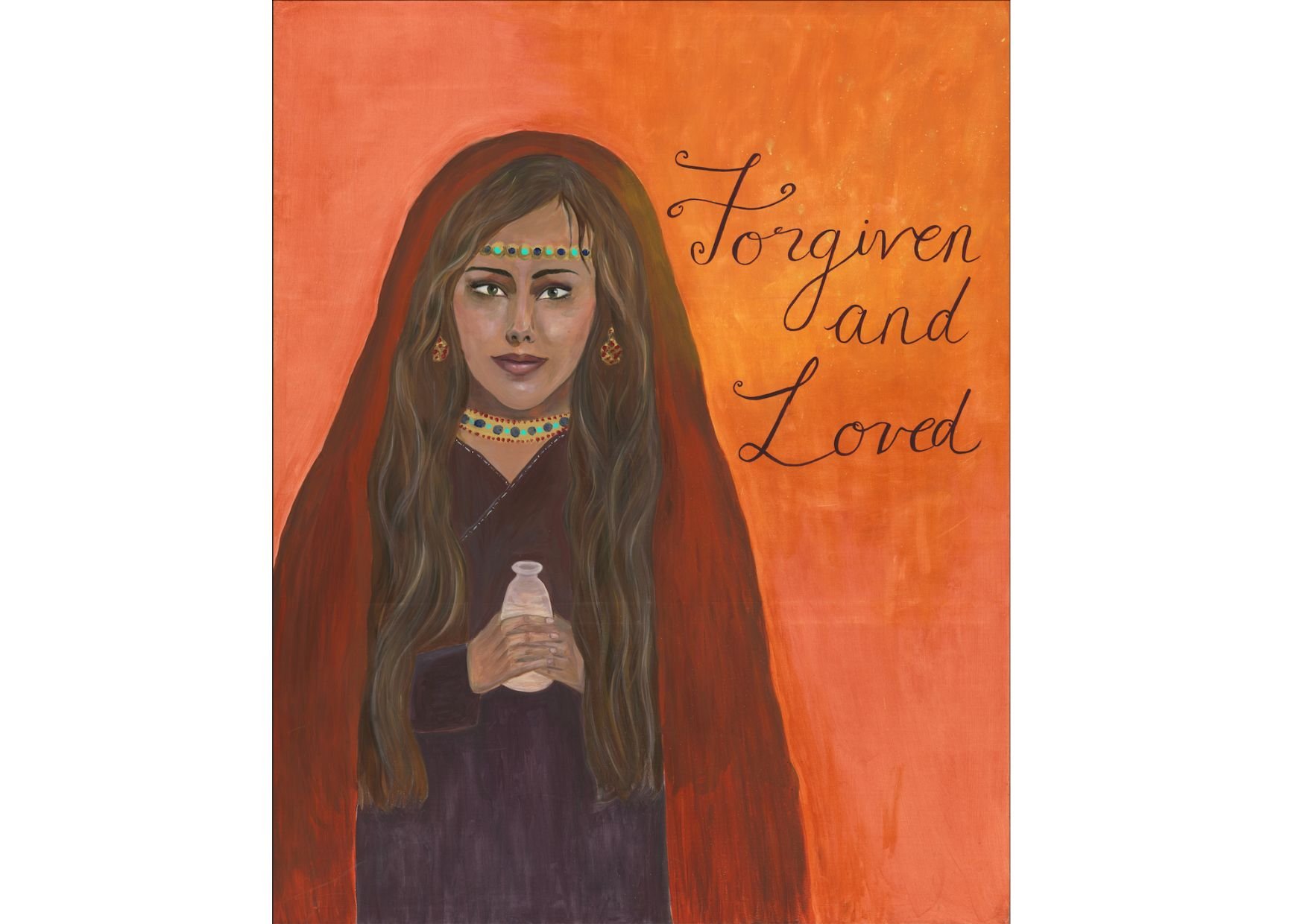 A prophetic, acrylic portrait painting called "Forgiven & Love, The Woman With The Alabaste Jar" in vibrant earthy tones with gold accents (Copy)