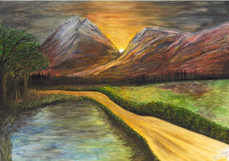 "NARROW IS THE ROAD" is a prophetic watercolour and acrylic landscape painting created by Valerie Morgan and her father, inspired by the Biblical scripture of Matther 7:14.  This striking limited edition giclee print is available to purchase.