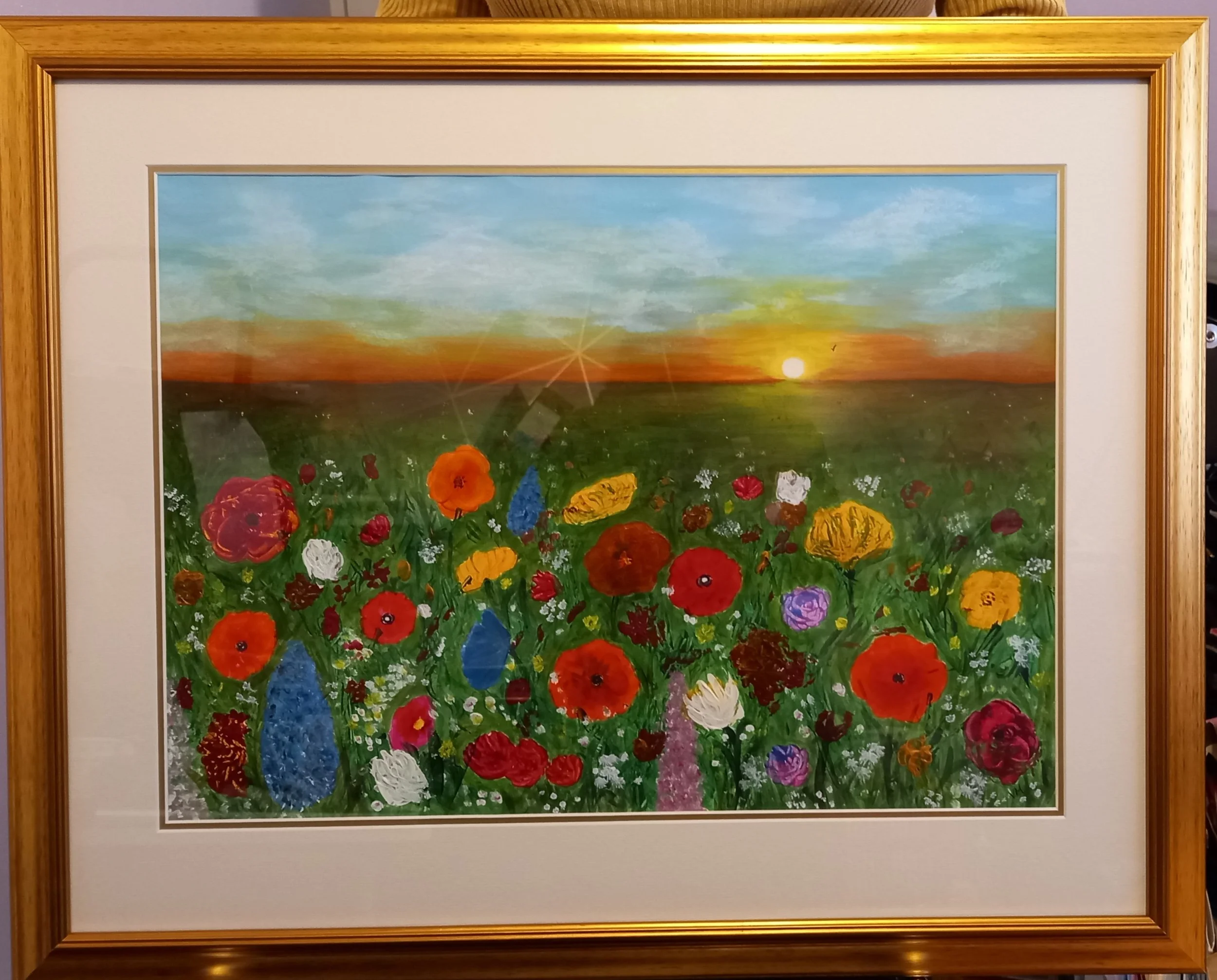 ORIGINAL - SUNSET FLOWER MEADOW PAINTING WITH GOLD FINISH FRAME