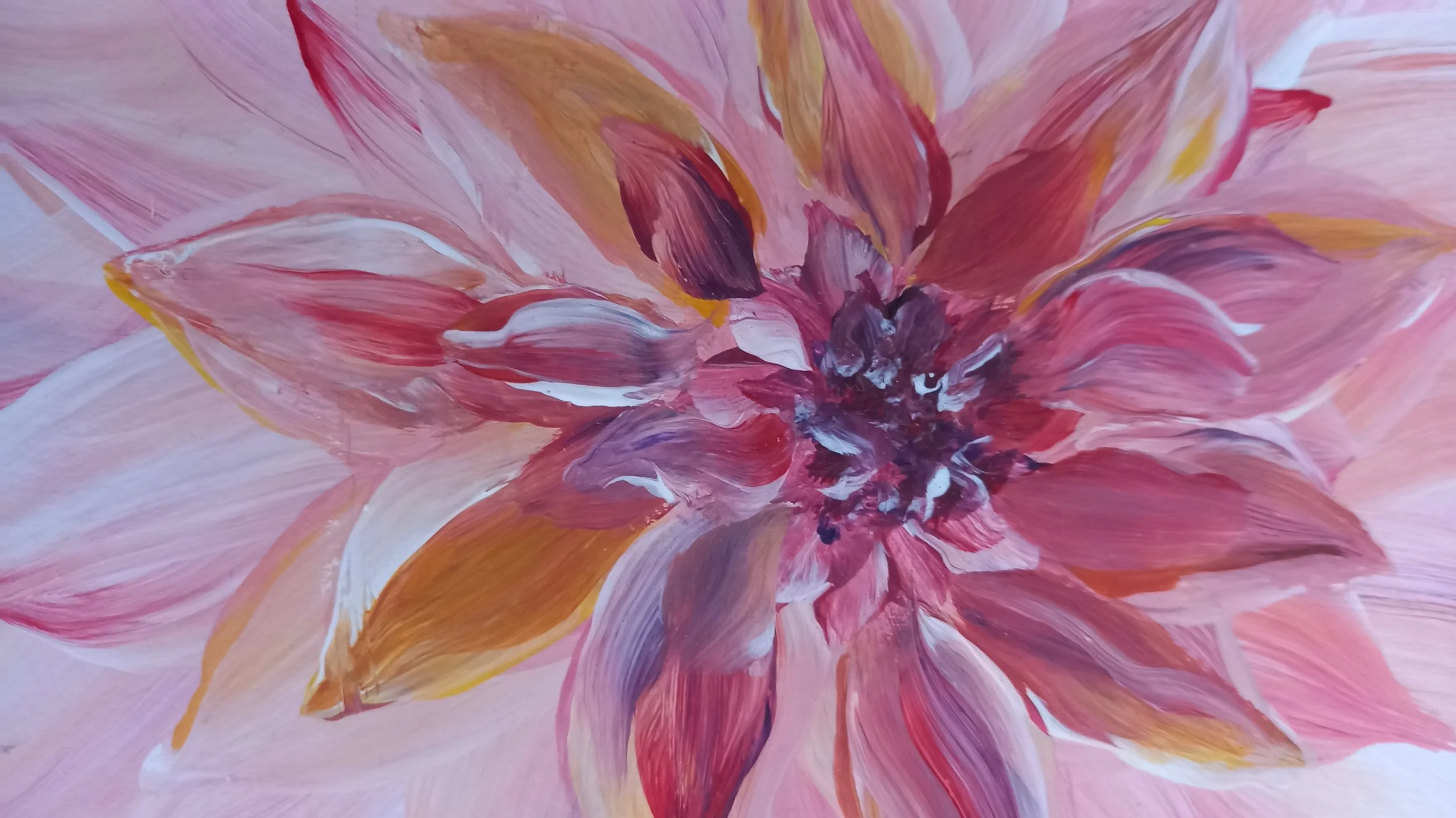 Bloom close-up showing centre of flower with pink/peach gold and purple texture - by Valerie Morgan