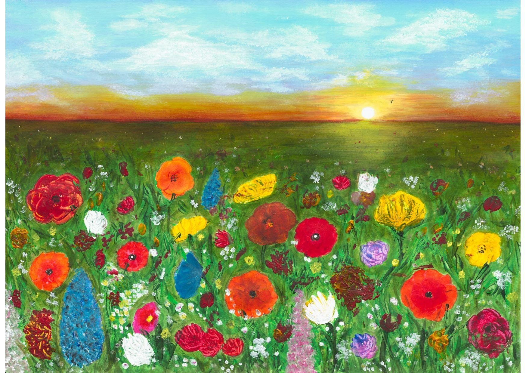A stunning floral landscape in rich vibrant colour with a subtle transition into a glorious sunset.