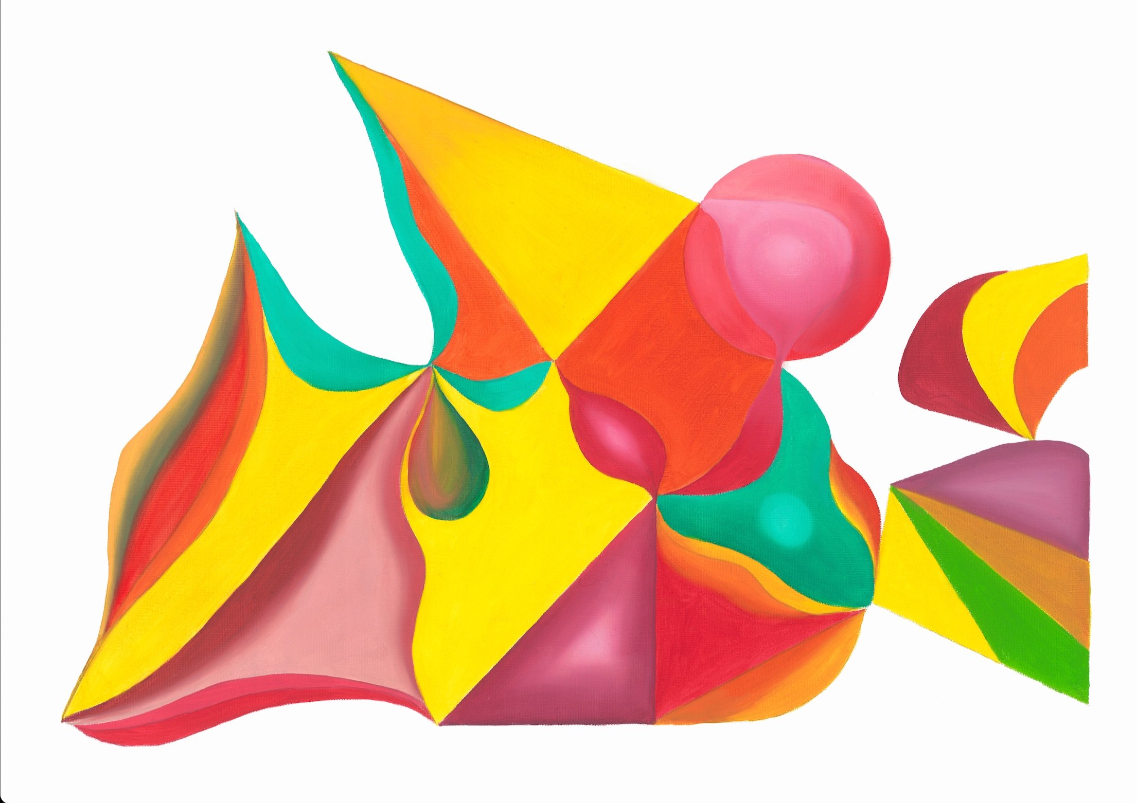 A bright and vibrant abstract painting of exciting shapes interwoven to create a composition.