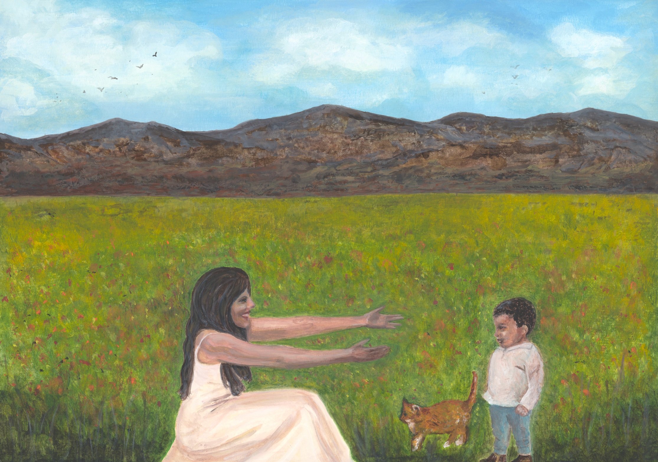 A prophetic landscape portraying a mother kneeling to embrace her child whom she lost through miscarriage in Heaven. Reflecting love and hope.
