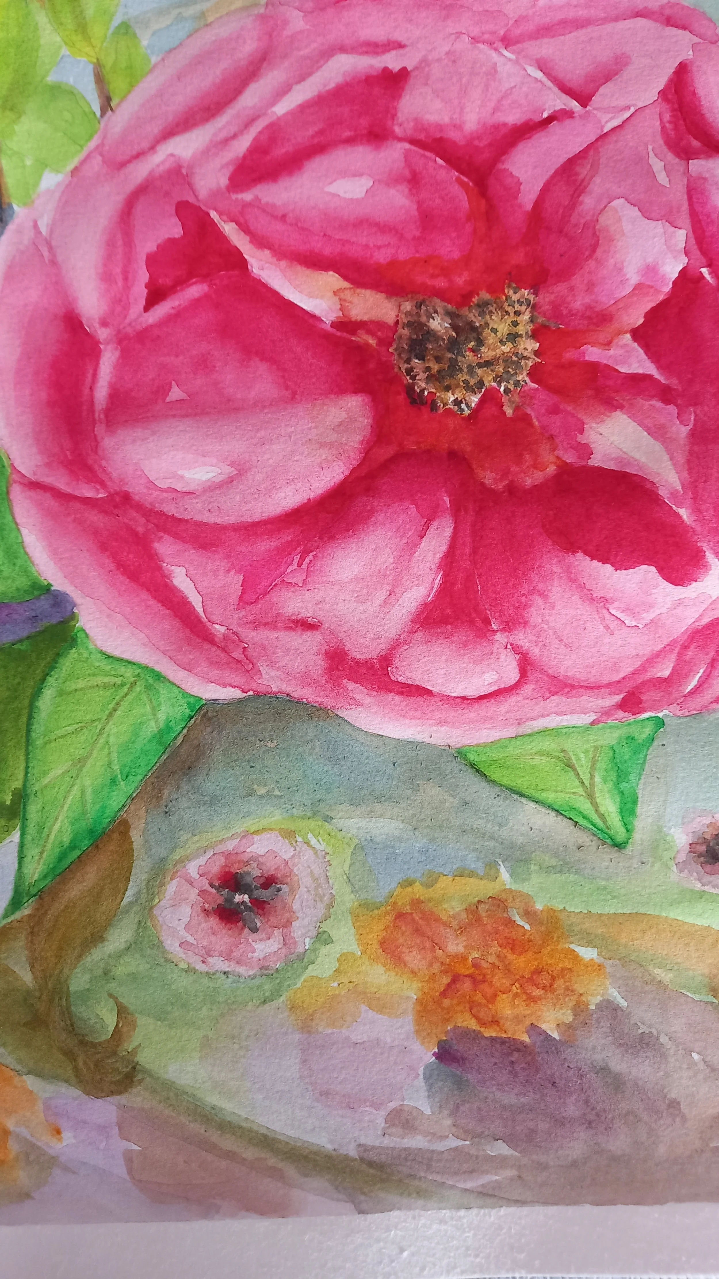Summer Garden close-up showing large pink flower - by Valerie Morgan