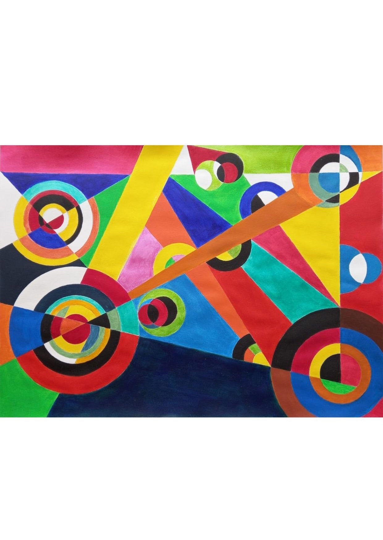 A 70s inspired abstract piece featuring bold colours, geometric shapes and concentric circles. Nostalgic and iconic.