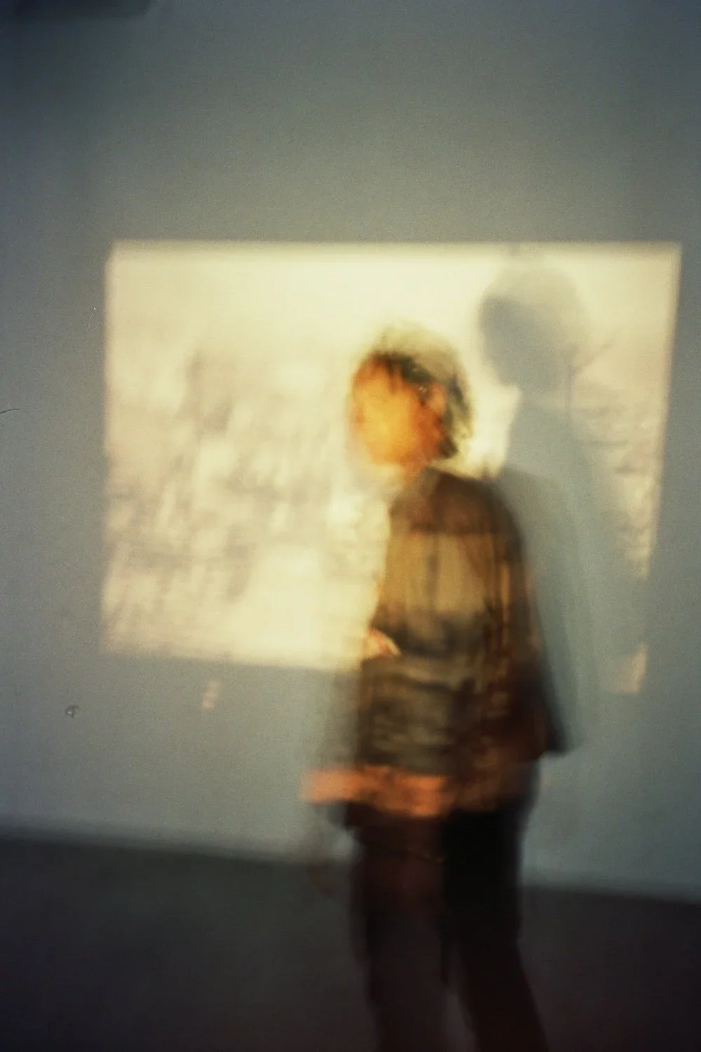Blurred image of a person standing in front of a projected screen or image, some of the person's features and background are indistinct.