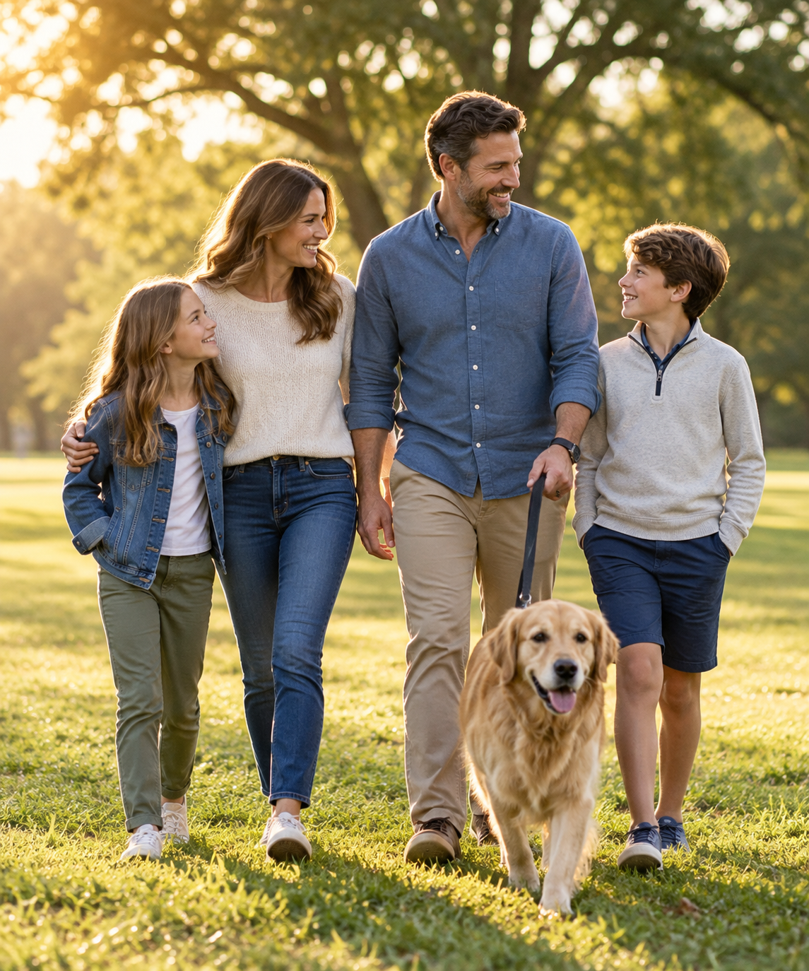 Family enjoying time together outdoors with their dog