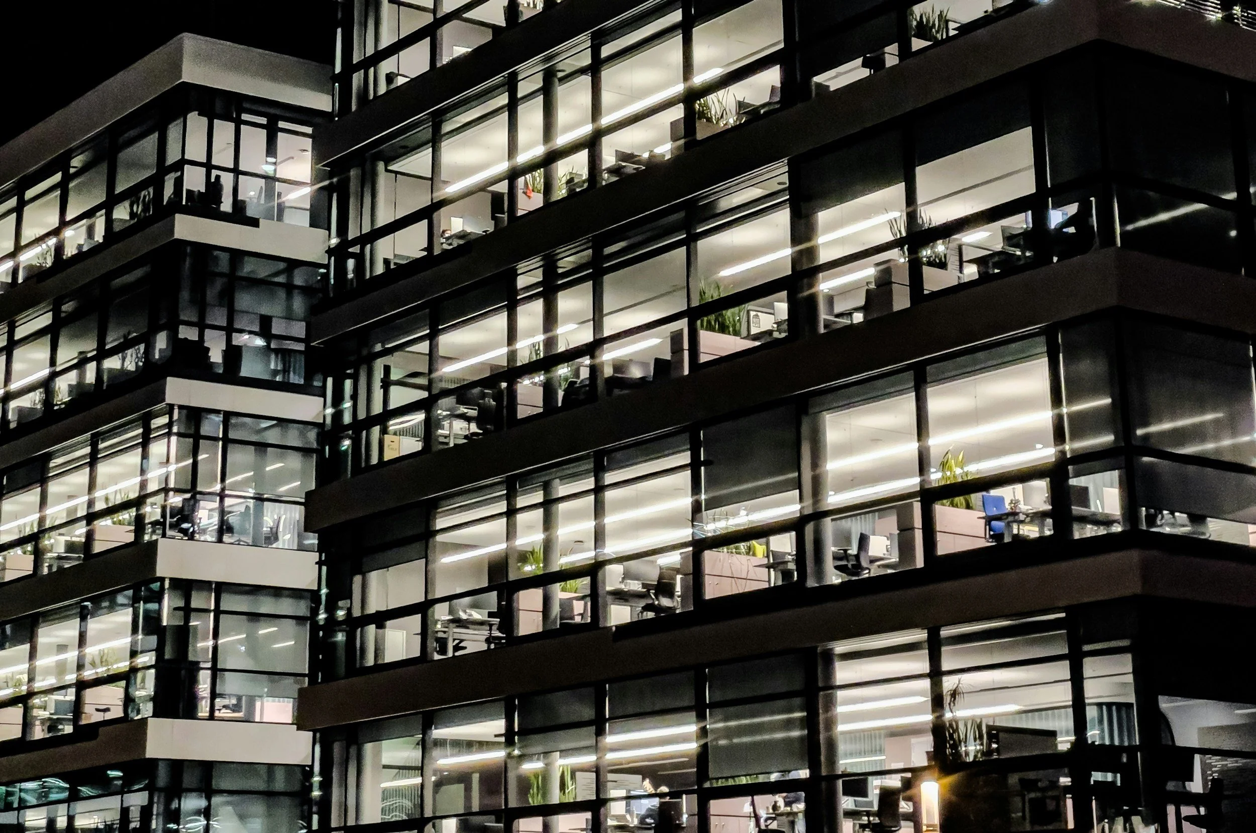 An empty open-plan office in daylight, with rows of identical unoccupied desks