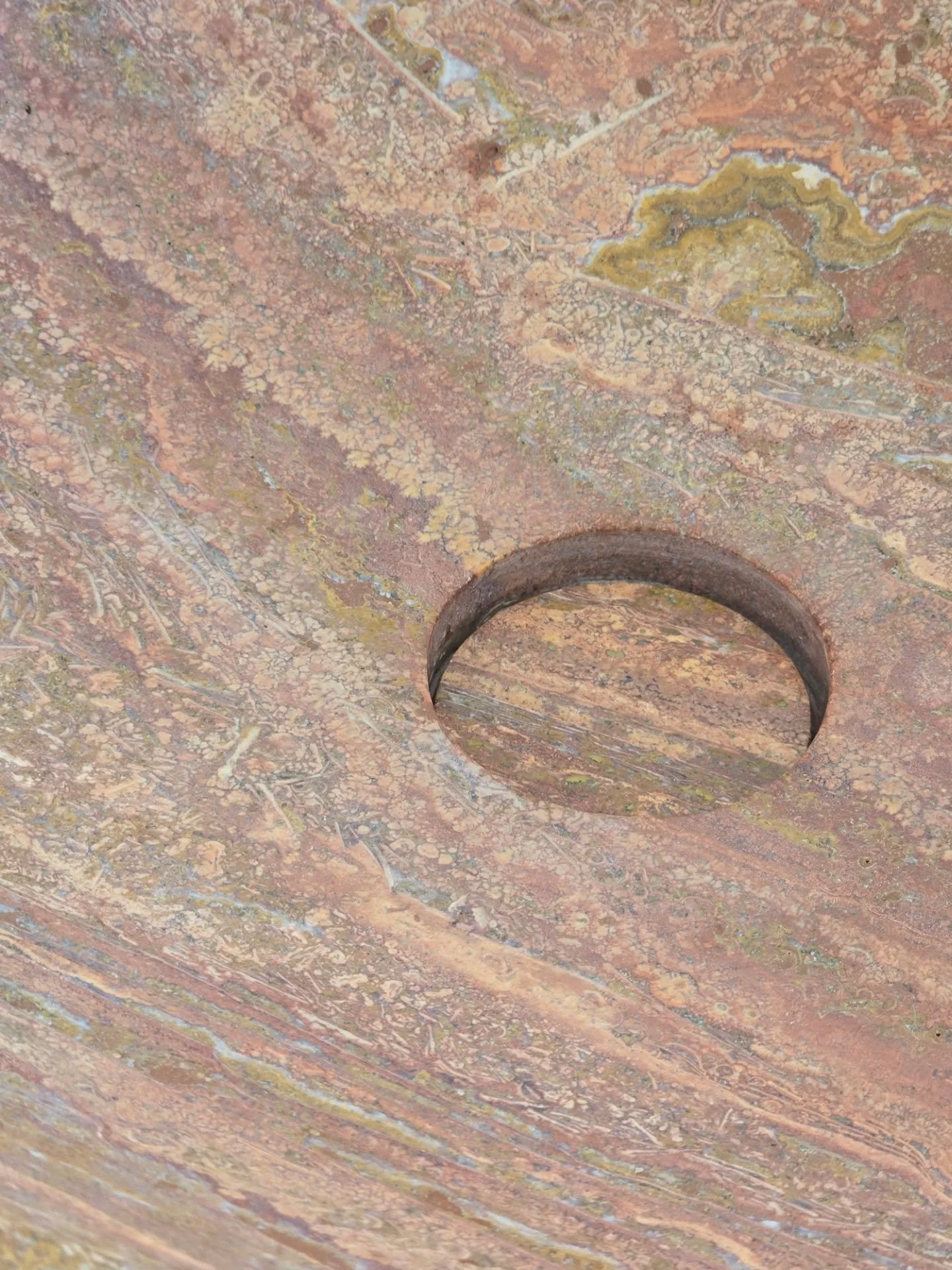 Rustic reds that are rich in colour and texture for Melbourne's next best washroom. Image one is the carved stone sink, and it is bloody beautiful. Specifying the Miyako handmade mosaics for the walls and this venetian style floor tile in a larger fo