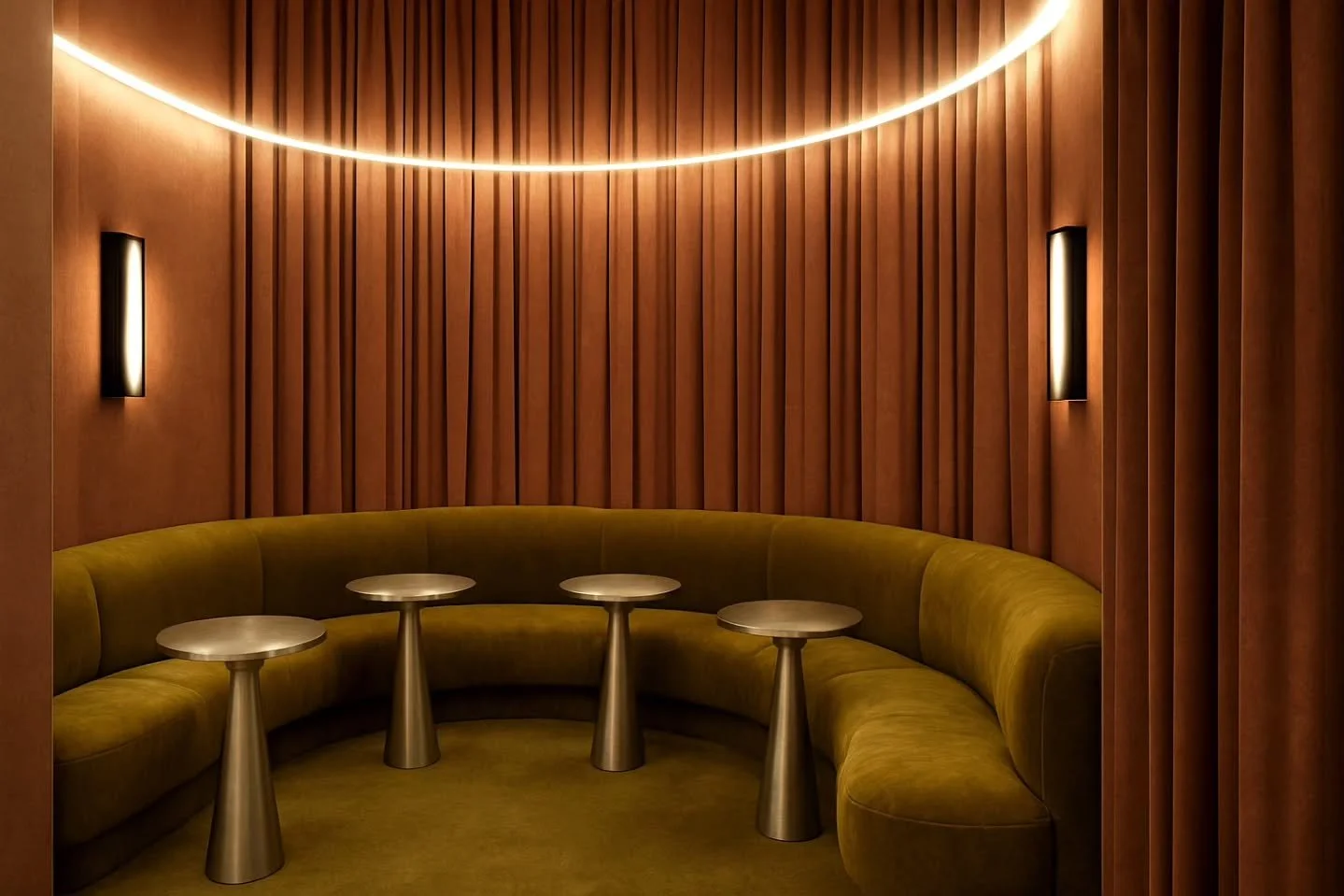 The private listening room is fully upholstered and soundproof for the best music experience. Designed with an infinity mirror ceiling, plush upholstered velvet banquettes and matching dark chartreuse carpet for seamless continuation.

#projectsabima