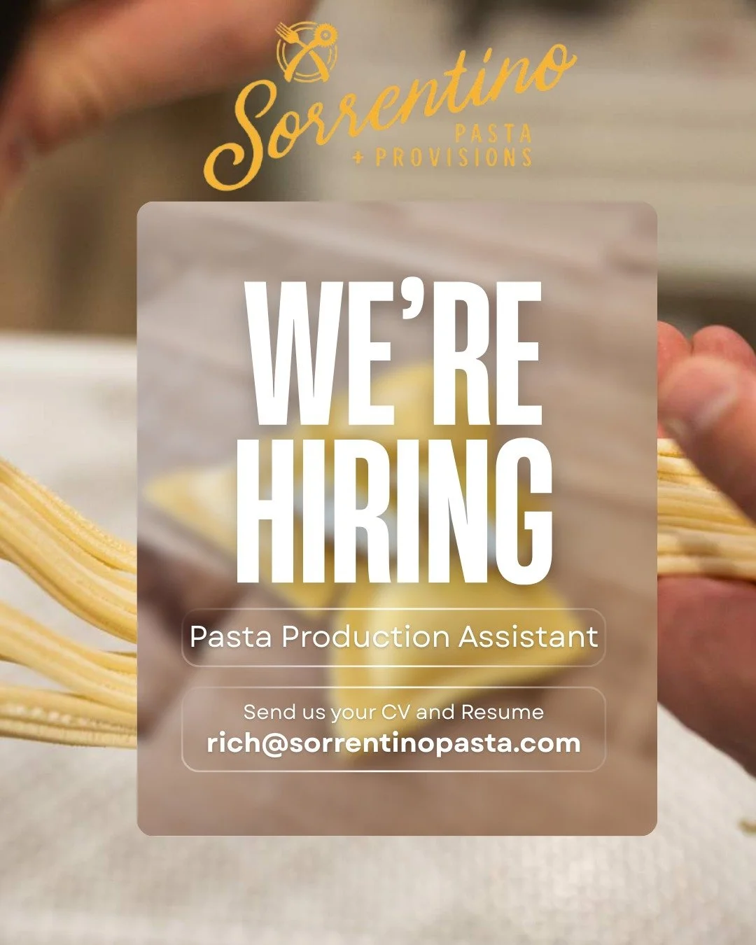 Do you love pasta as much as we do?! Join our team!!

We are currently hiring for an assistant at our production building in Ambler. 

Must be a self starter, with good vibes and a desire to learn. 
 
Send all inquiries to rich@sorrentinopasta.com