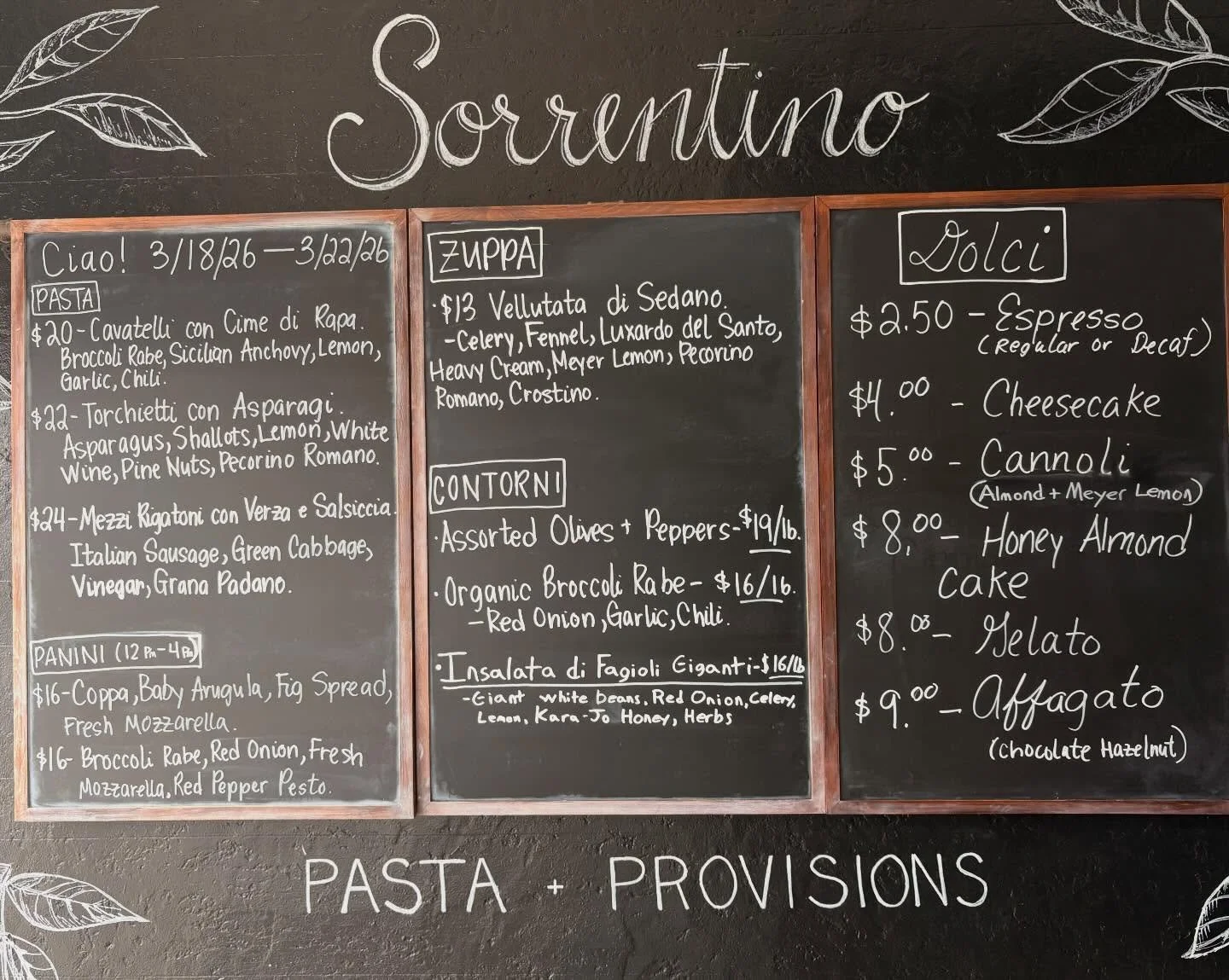 Ciao, Happy Hump Day! We&rsquo;ve got a yummy menu this week. :)

-Cavatelli con Cime di Rapa. Broccoli Rabe, Sicilian Anchovy, Lemon, Garlic, Chili.

-Torchietti con Asparagi. Asparagus, Shallots, Lemon, White Wine, Pine Nuts, Pecorino Romano.

-Mez