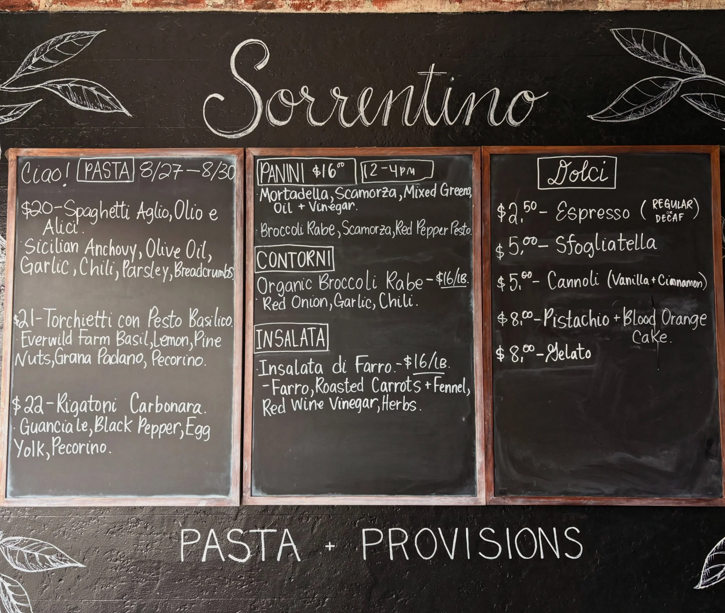 Ciao! Here is our FINAL MENU at Sorrentino Pasta + Provisions. We are so excited to serve this amazing community one last weekend&hellip; see you soon!

Spaghetti Aglio, Olio e Alici. Sicilian Anchovy, Olive Oil, Garlic, Chili, Parsley, Breadcrumbs.
