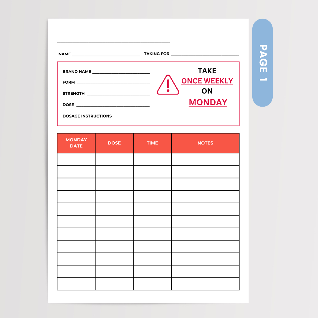 Weekly dose log Medication log tracker Weekly medication tracker printable Pharmacist-made medication log Once weekly dose tracker Printable medication schedule
