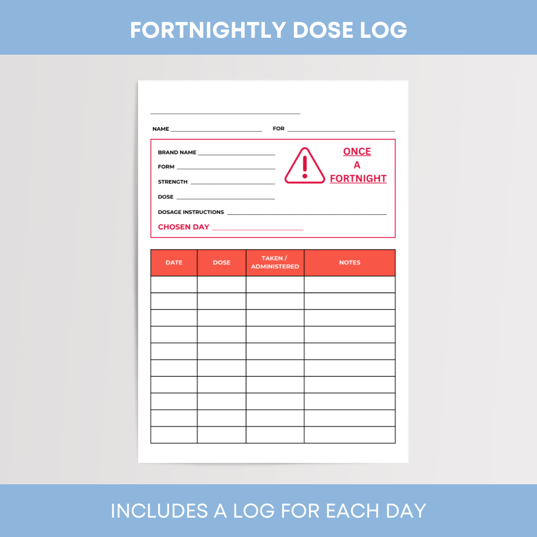 Fortnightly dose log Biweekly medication tracker Printable medication log Once fortnightly dose tracker Pharmacist-made medication log printable Biweekly medication schedule