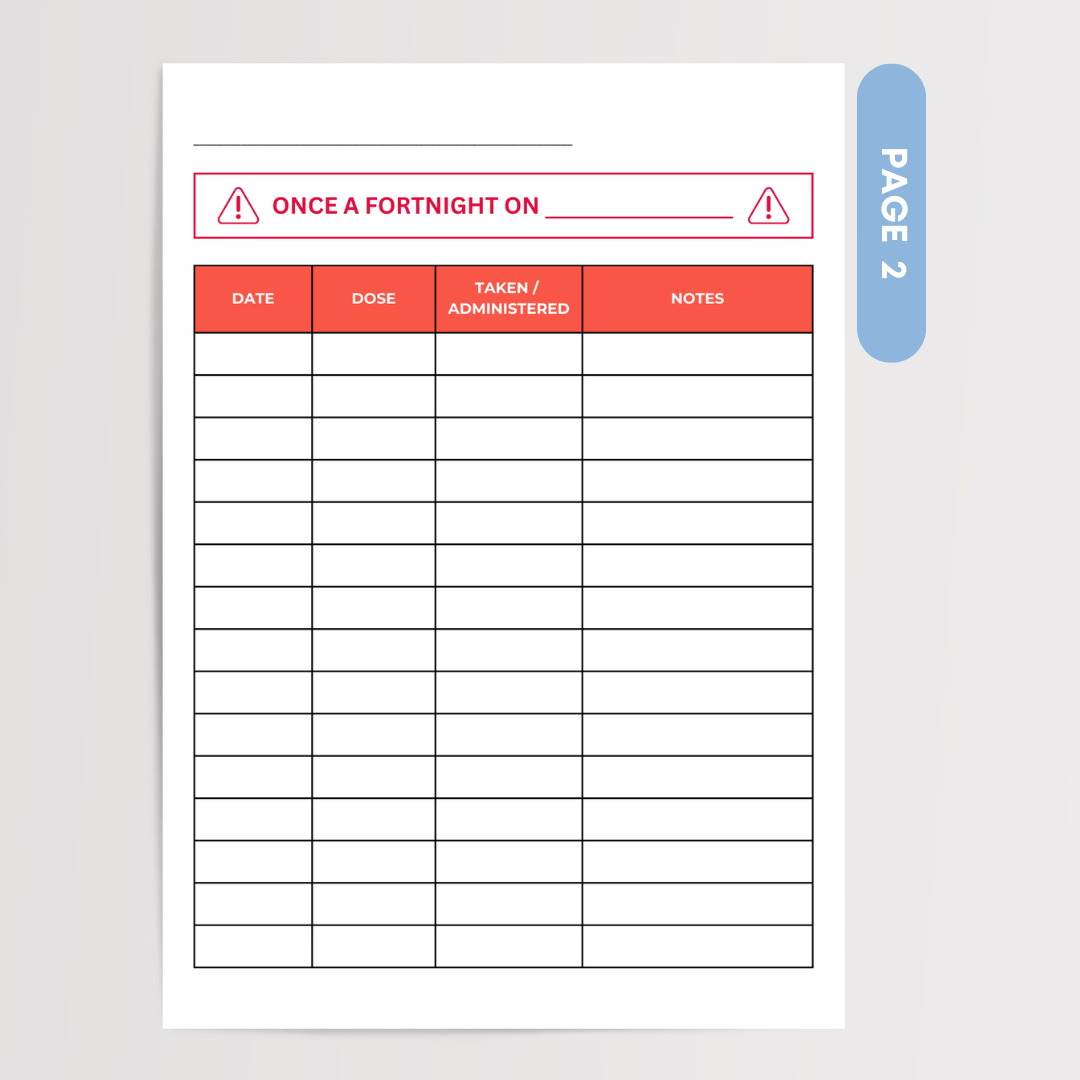 Fortnightly dose log Biweekly medication tracker Printable medication log Once fortnightly dose tracker Pharmacist-made medication log printable Biweekly medication schedule