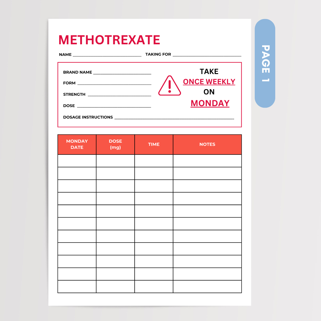 Methotrexate dose tracker Weekly methotrexate log Pharmacist methotrexate log Methotrexate dosing schedule Printable methotrexate dose tracker