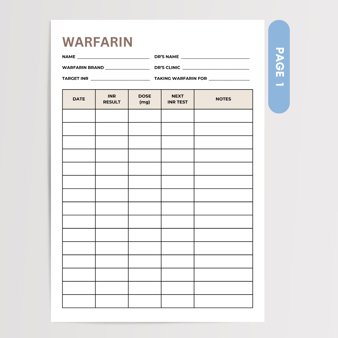 warfarin dose tracker Warfarin log INR tracker Warfarin dosage log Anticoagulant dose tracker Printable Warfarin log Warfarin therapy tracker