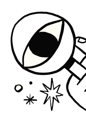 A black and white illustration of a planet with rings, stars, and a small moon or satellite.