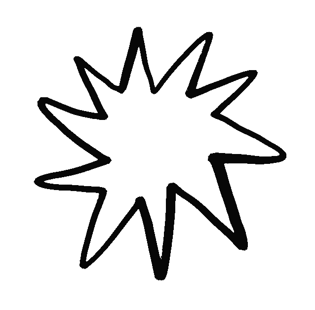 A black and white comic-style explosion burst graphic.