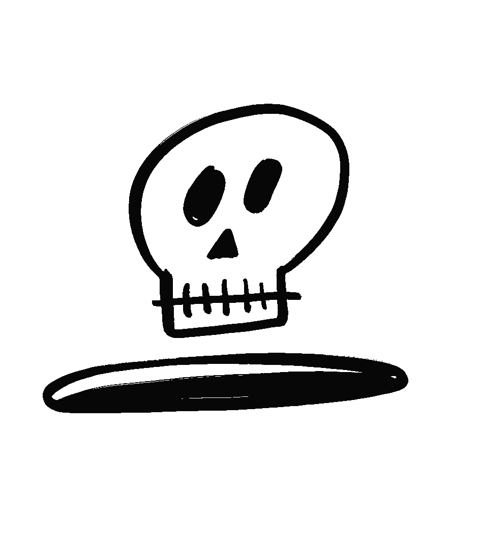 A black line drawing of a skull with hollow eyes, nose, and mouth, resting on a flat surface.