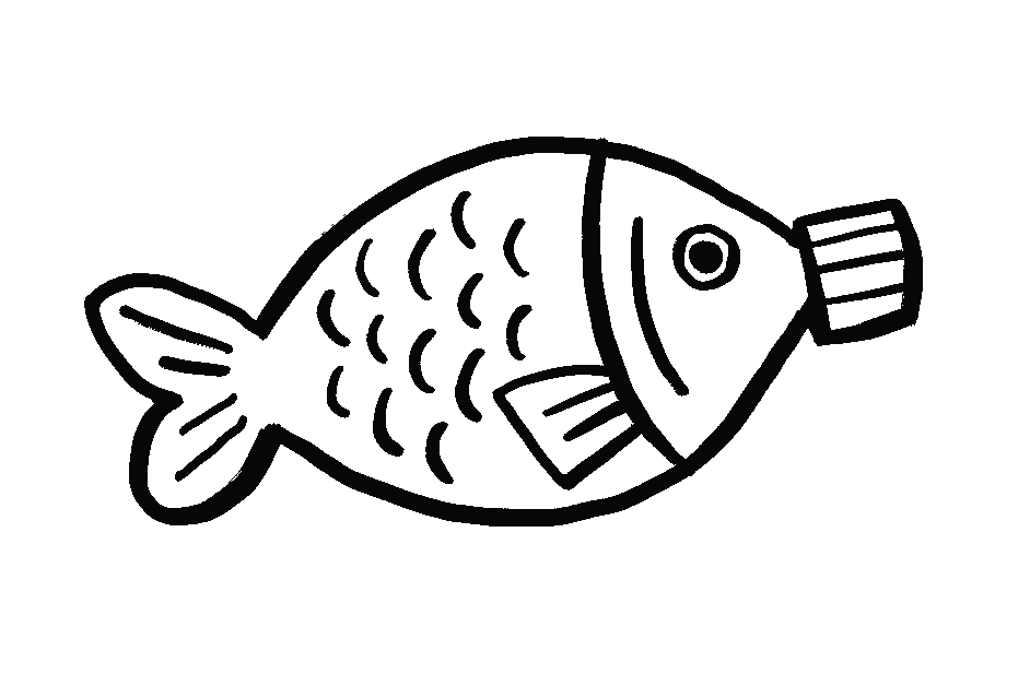 A simple line drawing of a fish with scales, fins, and an eye.
