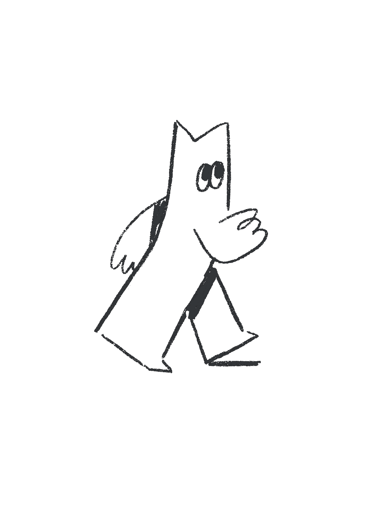 A simple line drawing of a stylized animal, possibly a cat or a dog, with a closed mouth, upright ears, and eyes labeled 'ac', walking with one paw raised.