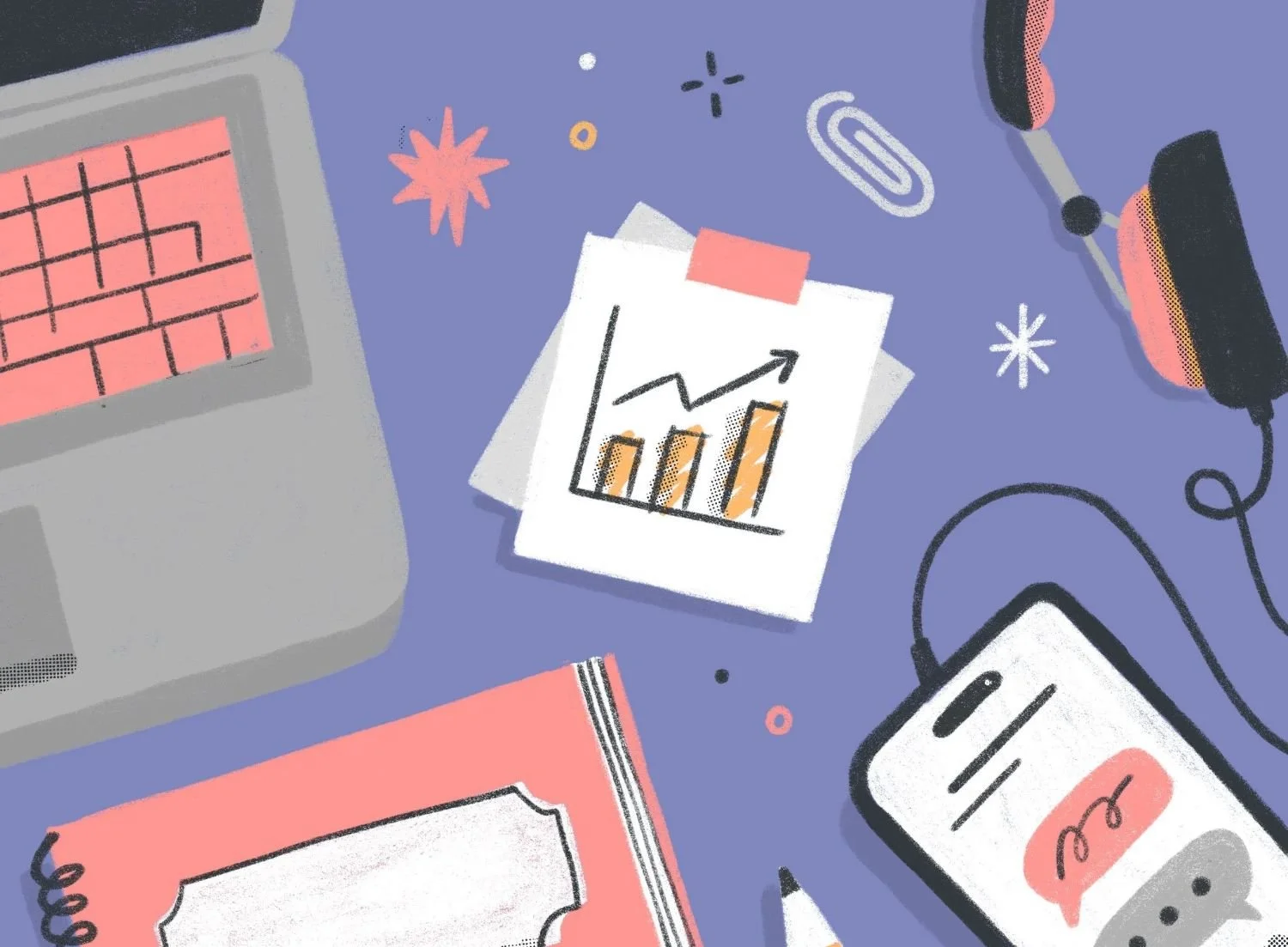 Flat lay illustration of a workspace with a laptop, a printed graph showing an upward trend, a smartphone displaying a messaging app, a pink notebook, a pair of headphones, a paperclip, and small decorative elements on a purple background.