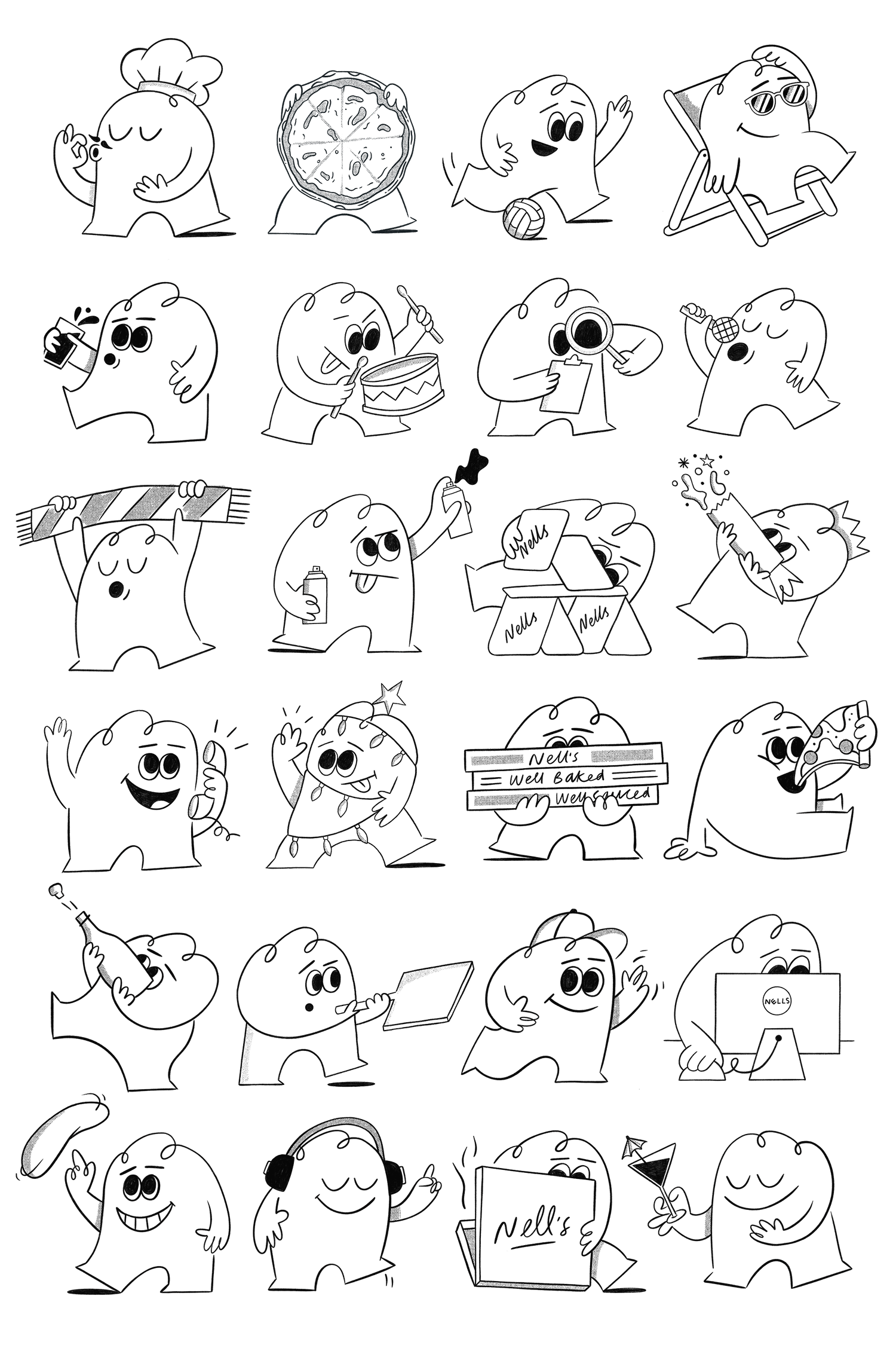 Black line drawings of a cartoon character engaging in various activities, including cooking, playing, reading, working on a computer, celebrating, and relaxing.