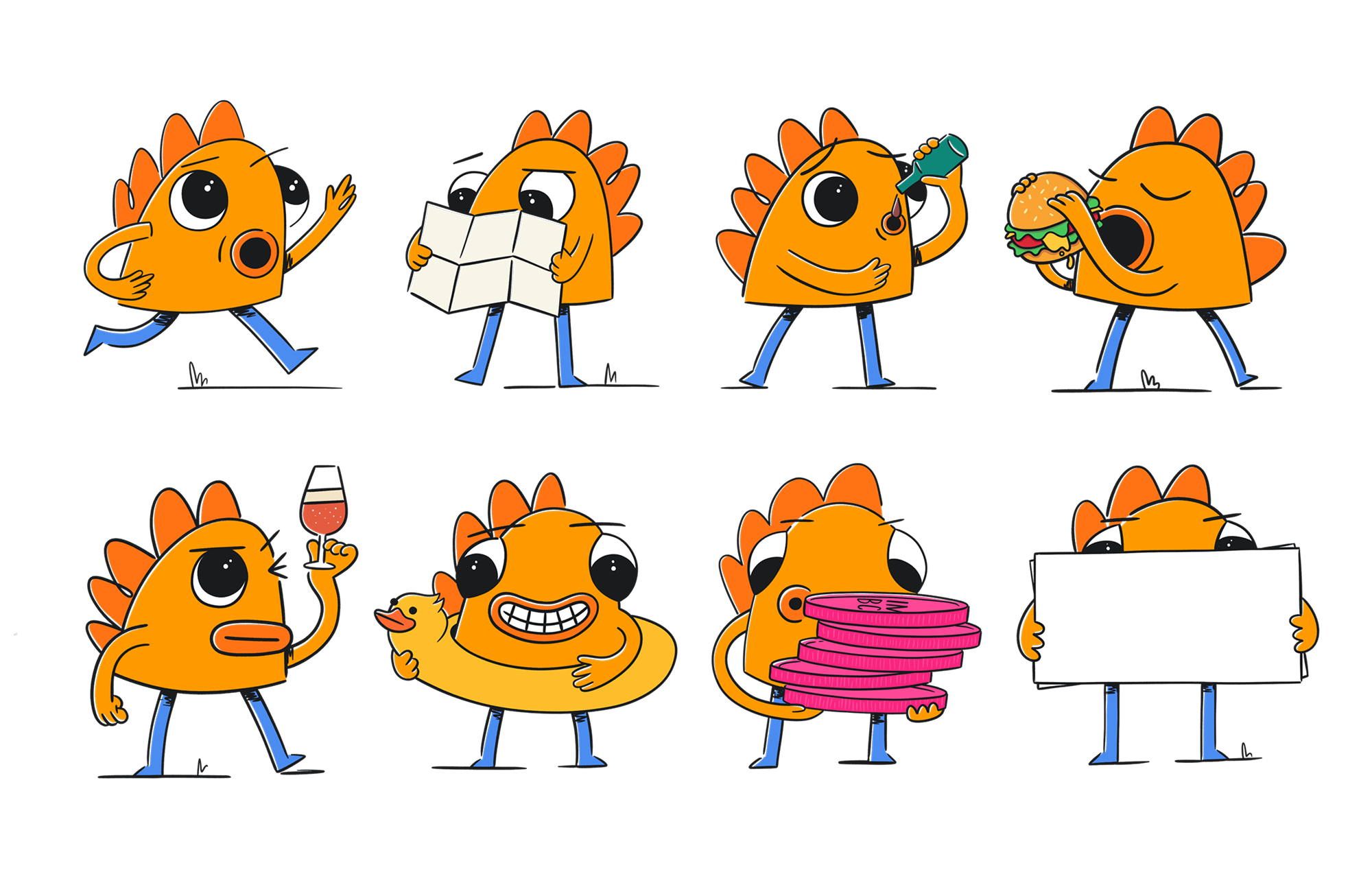 Series of cartoon orange dinosaur characters engaging in various activities like walking, reading a map, drinking, eating a burger, holding a glass of wine, holding a duck toy, smiling, stacking coins, and holding a blank sign.