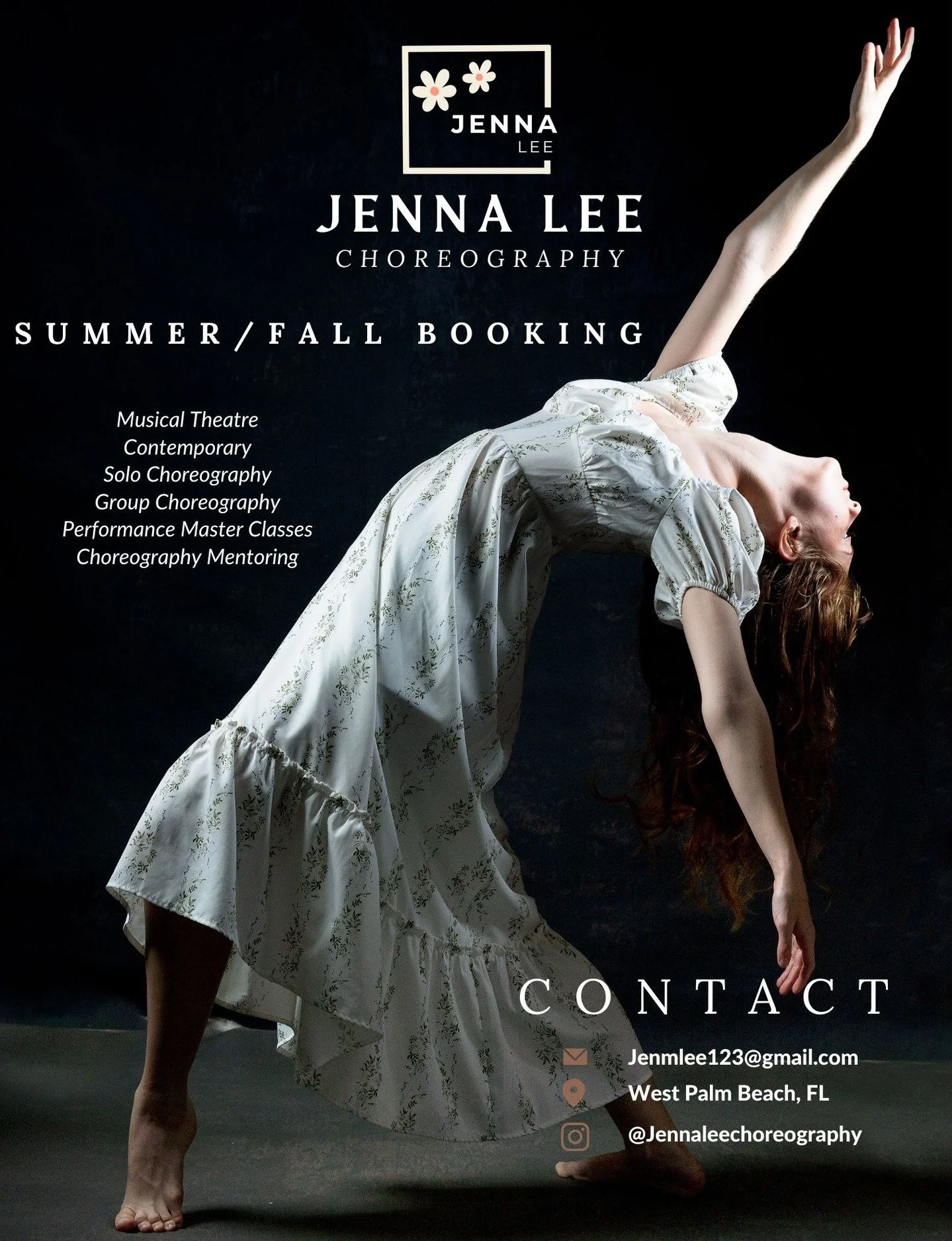 I'm now booking for summer/fall master classes and choreography! I specialize in Contemporary and Musical Theatre styles. Lots of availability early August for a summer start on your competition group numbers. Message or email me for all inquires.