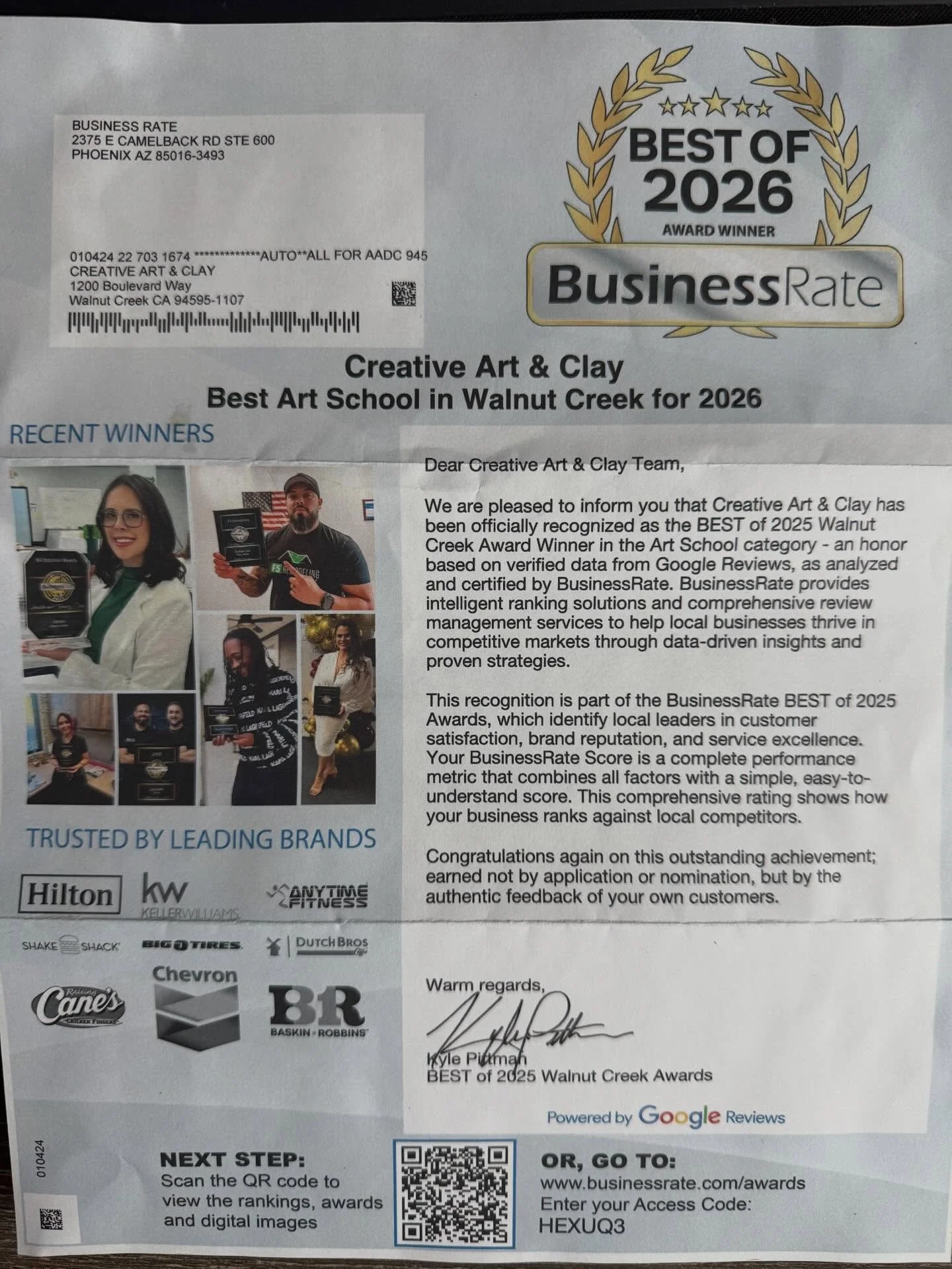 Proud to present our &ldquo;Best Art School in Walnut Creek&rdquo; award, second year in a row. 

This is a testament to the amazing and hard working teachers that make Creative Art and Clay special. #award #bestartschool