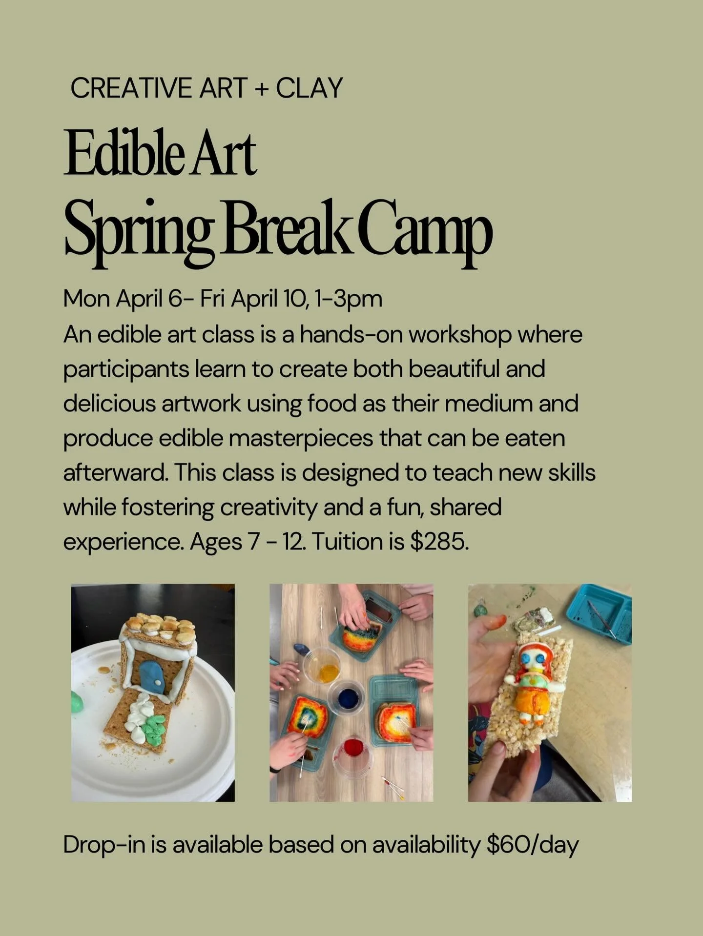 Edible Art Camp starting on Monday. We only have 4 spots left, get yours. #artcamp #artstudio #springbreakcamp