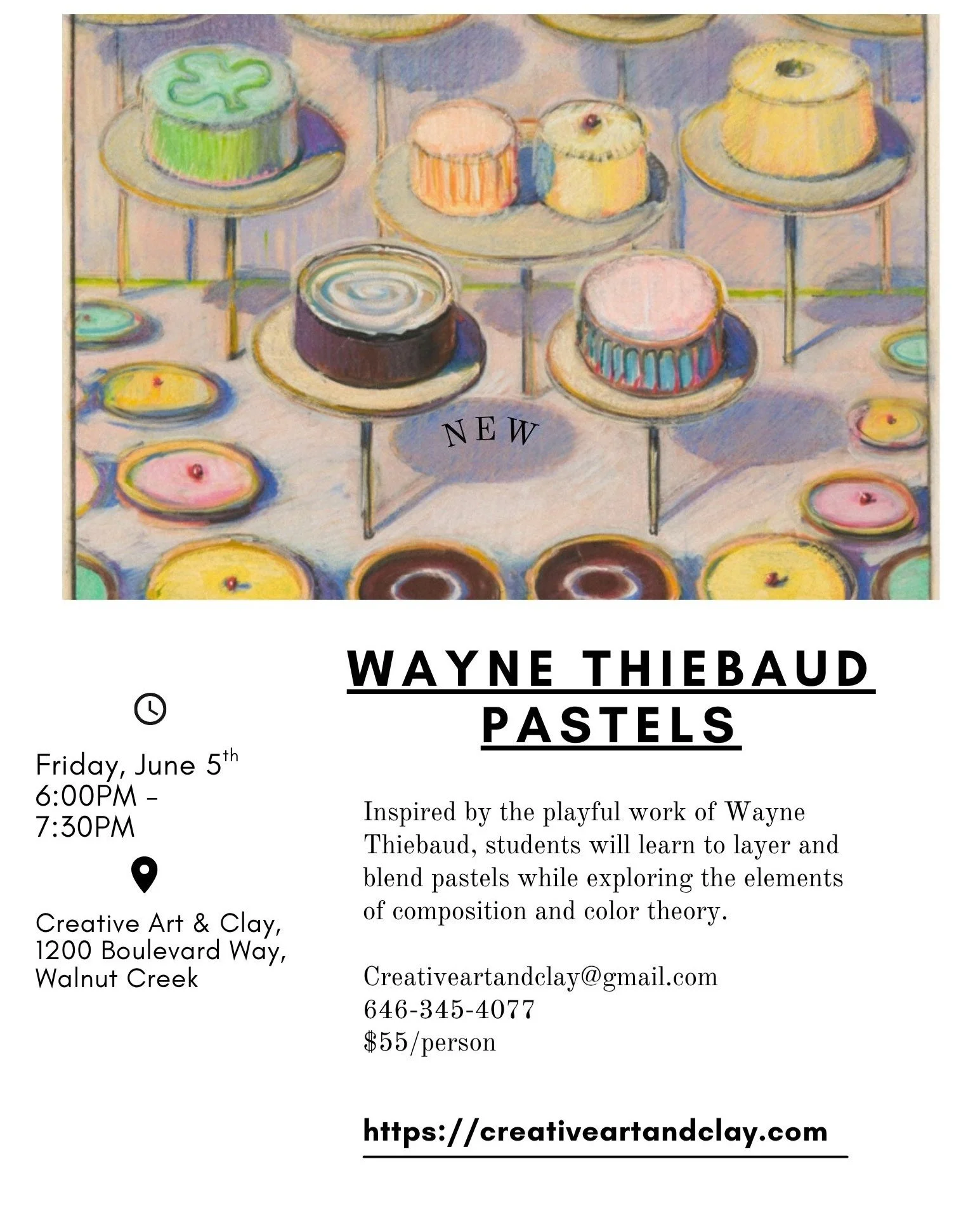 Let's have some "me" time please :)

Participants will create vibrant paintings of cakes, pies, and other sweet treats using pastels. Inspired by the playful work of Wayne Thiebaud, students will learn to layer and blend pastels while explo