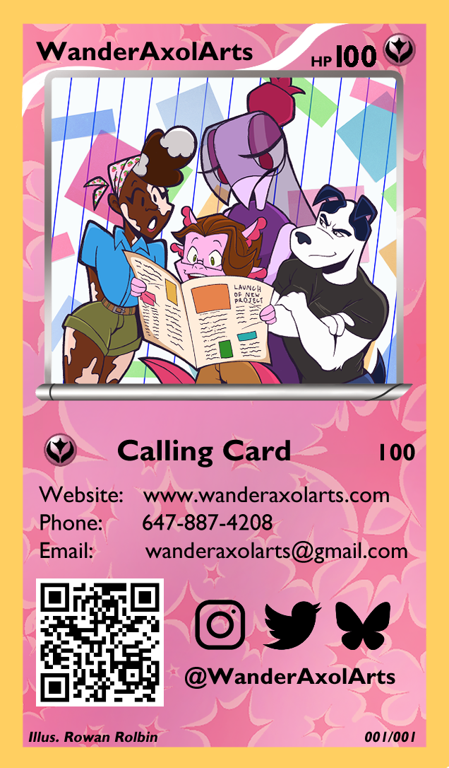 Front side of WanderAxolArts business card, modelled after the discontinued Fairy-type Pokemon TCG cards. Created circa winter of 2024.