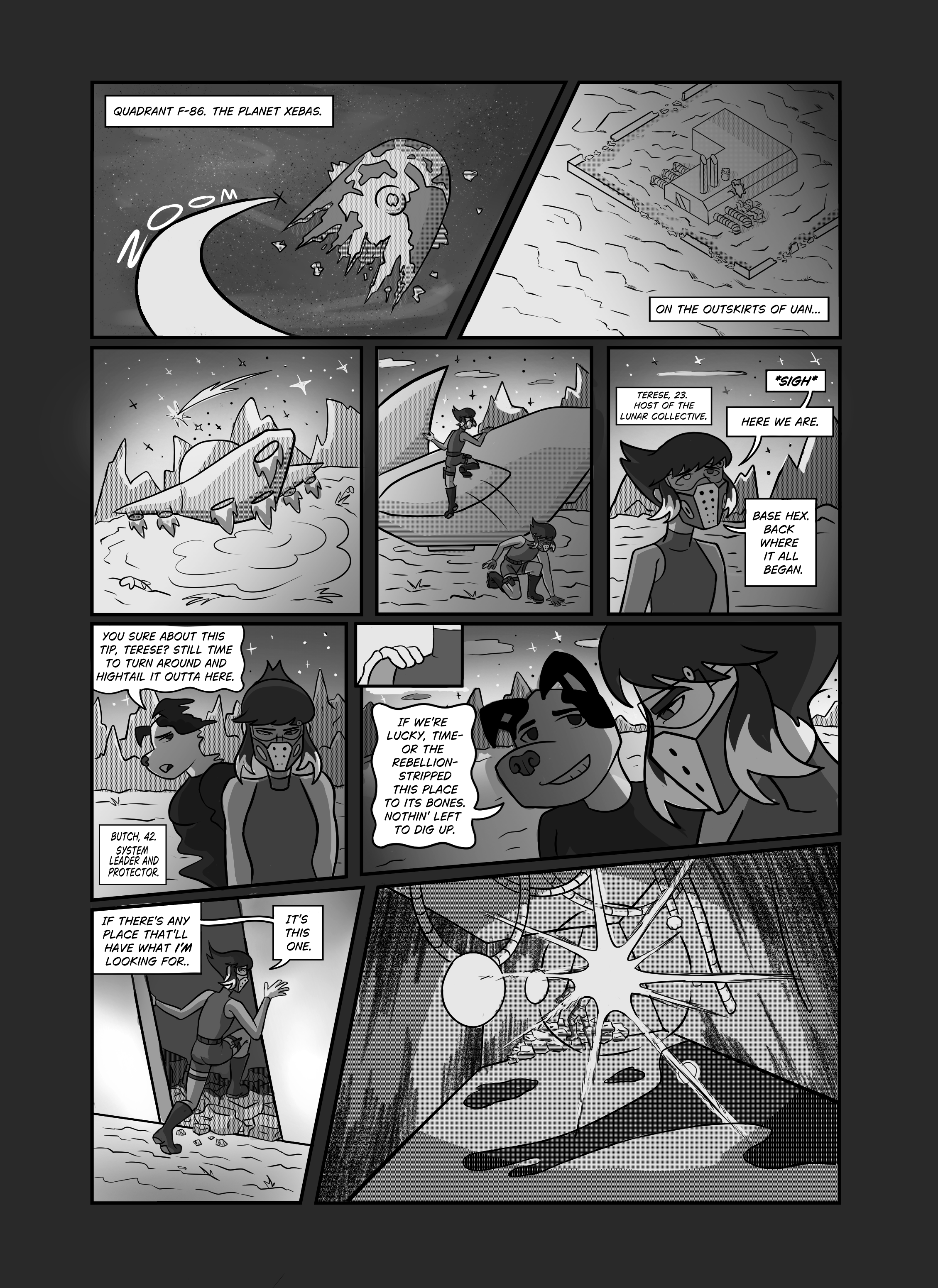 Final black and white for Hivemind page 1. This one contains updated dialogue as I wasn't pleased with the initial text I wrote during production. 