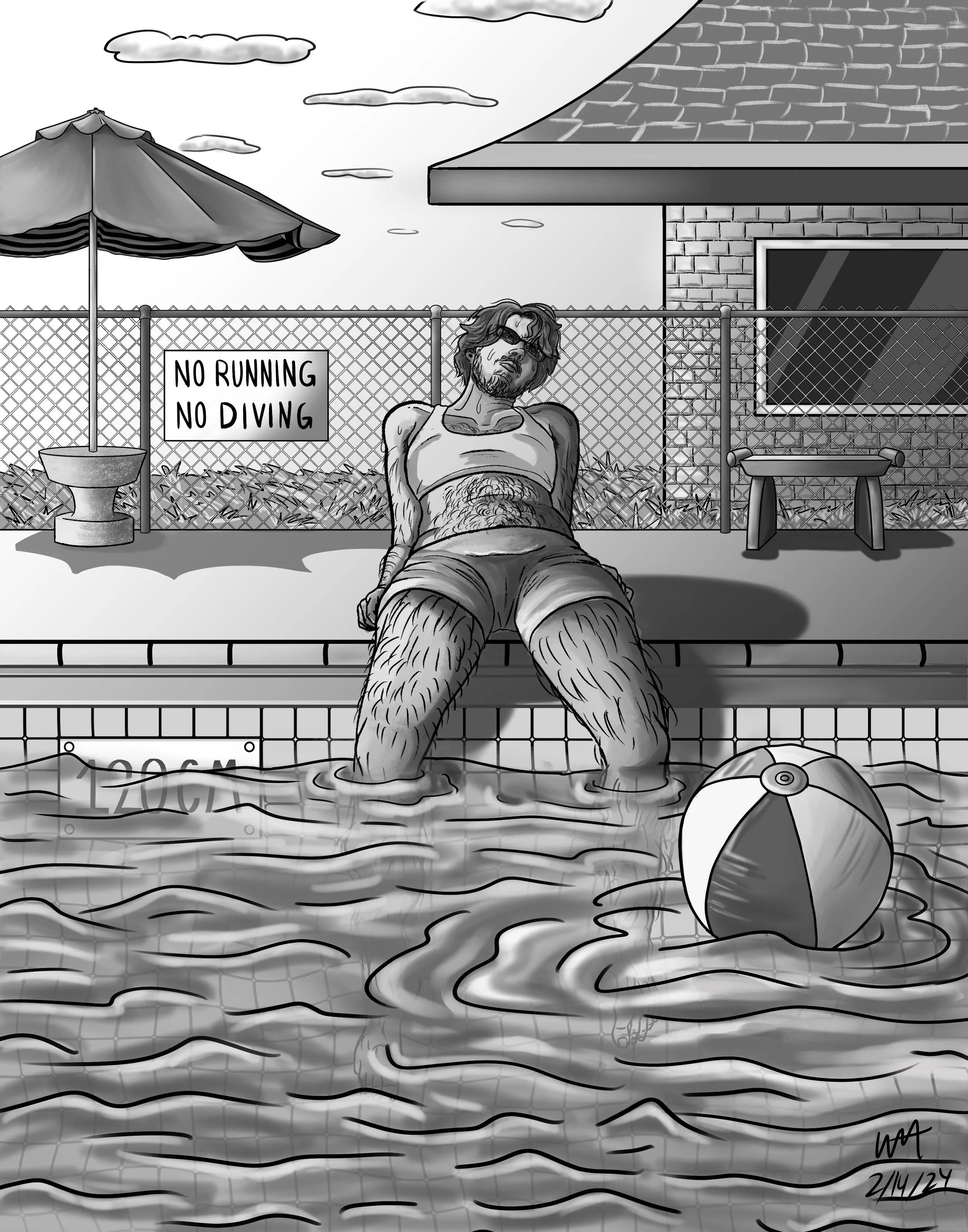 A black and white figure in space study, with myself as the model, lounging at the pool. Created circa winter 2024.