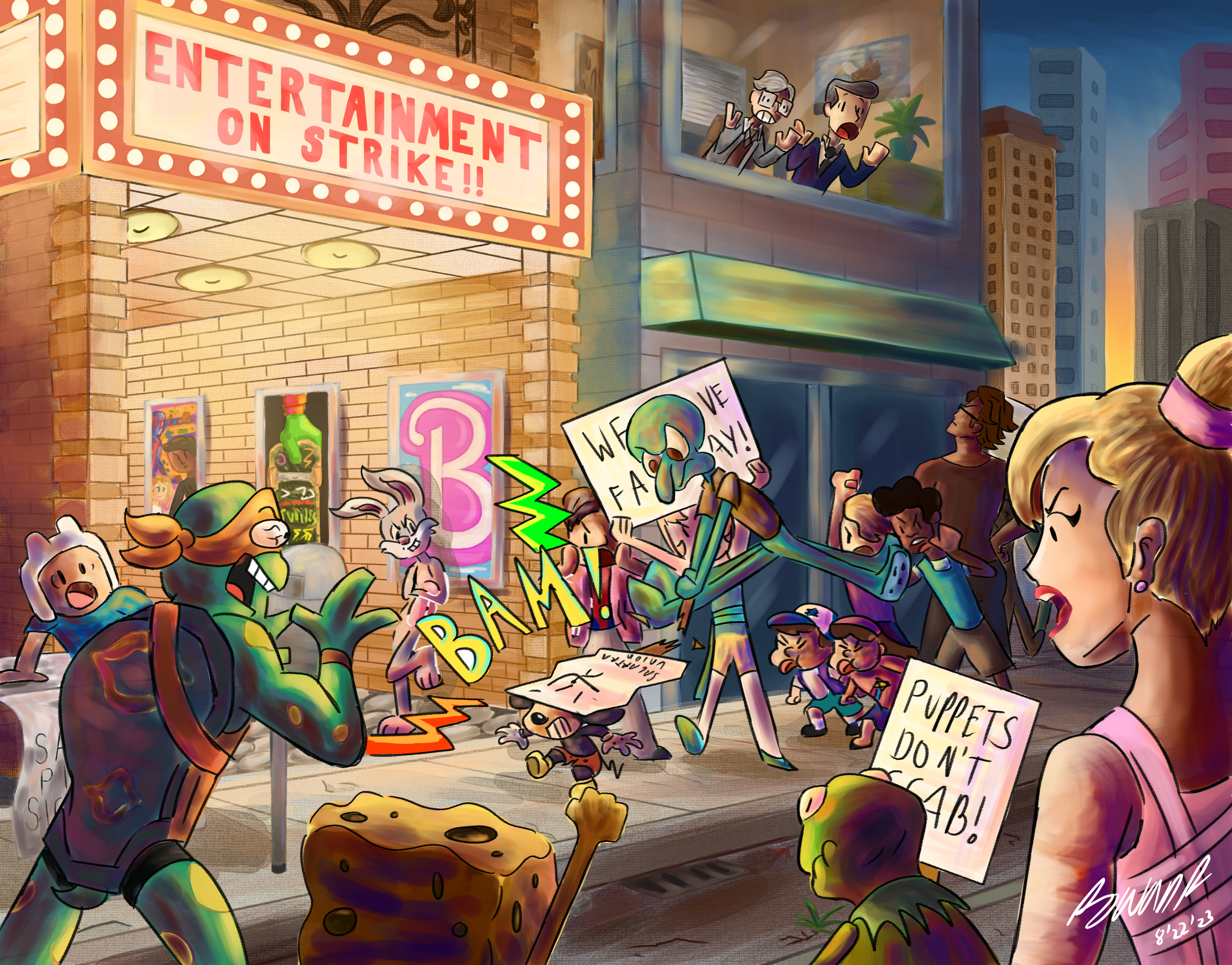 An editorial illustration project created for an environmental storytelling and perspective class, inspired by the SAG-AFTRA strikes of summer 2023. Created circa July 2023. 