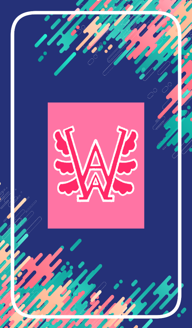Back side of WanderAxolArts business card. Original design of logo against a navy background with cyber colours on two corners. Created circa winter of 2024.
