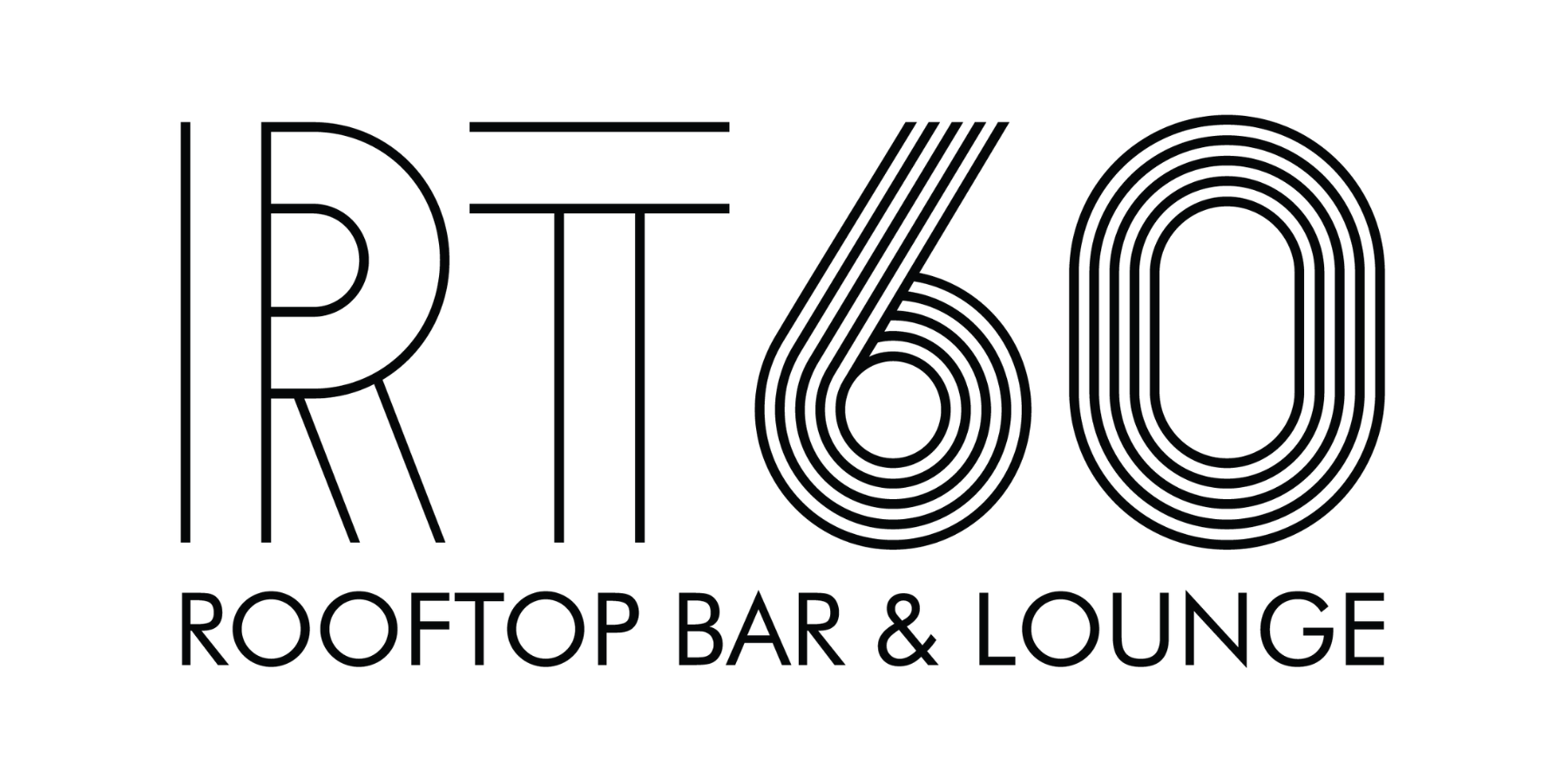 Logo for RT60 Rooftop Bar & Lounge with stylized text and black and white lines.