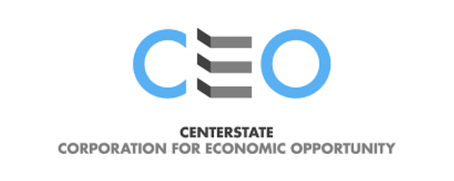 Logo for CenterState Corporation for Economic Opportunity, featuring the acronym CEO with stylized blue letters and black and gray bars between the C and O.