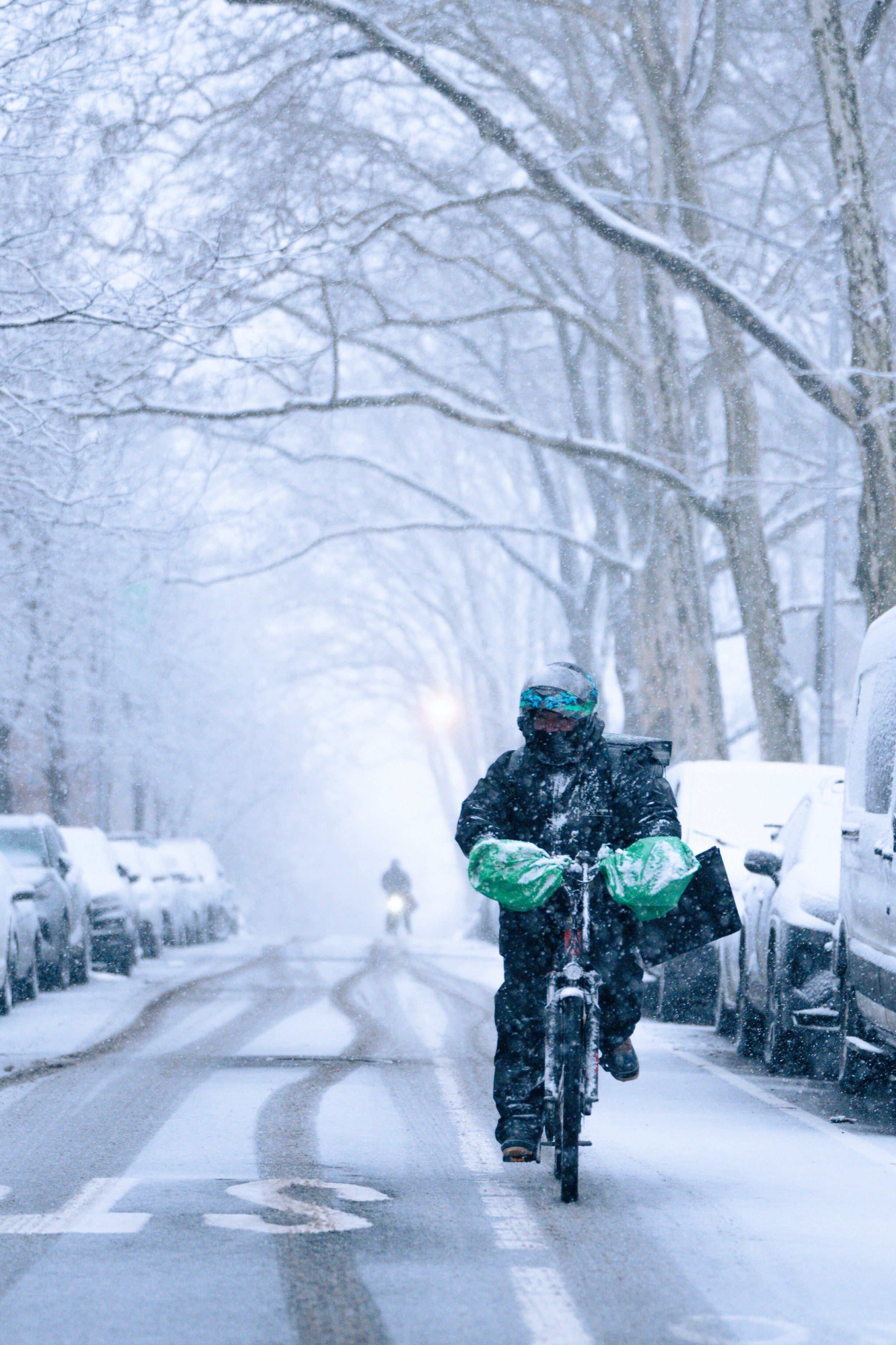 Person in winter coat and helmet riding a bicycle on snowy street lined with parked cars, snow-covered trees, and fog in the background.