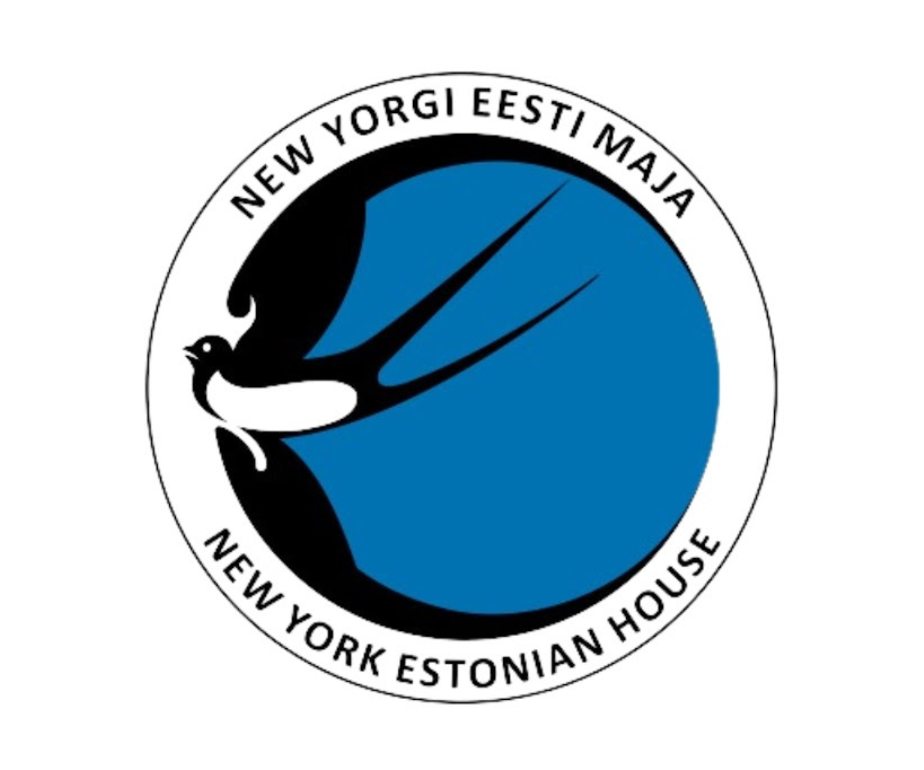Logo of the New York Estonian House, featuring a stylized black and white bird with blue wings, encircled by black text on a white background.
