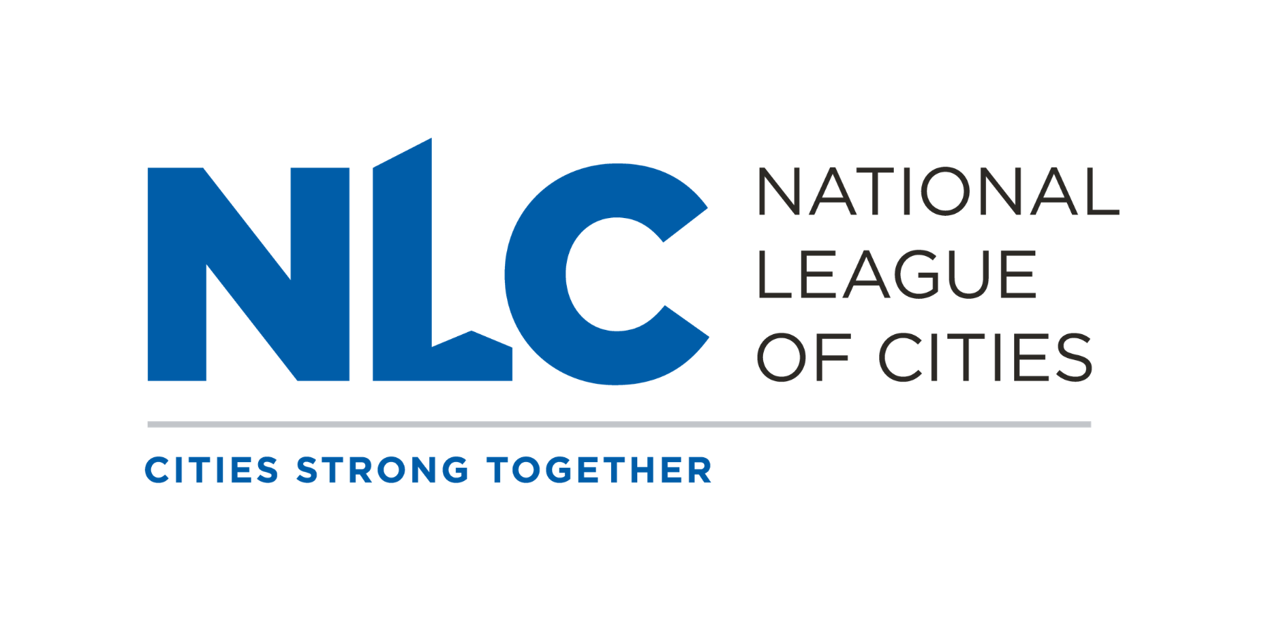 Logo of the National League of Cities with the initials 'NLC' in large blue letters, alongside the text 'National League of Cities' and the tagline 'Cities Strong Together'.