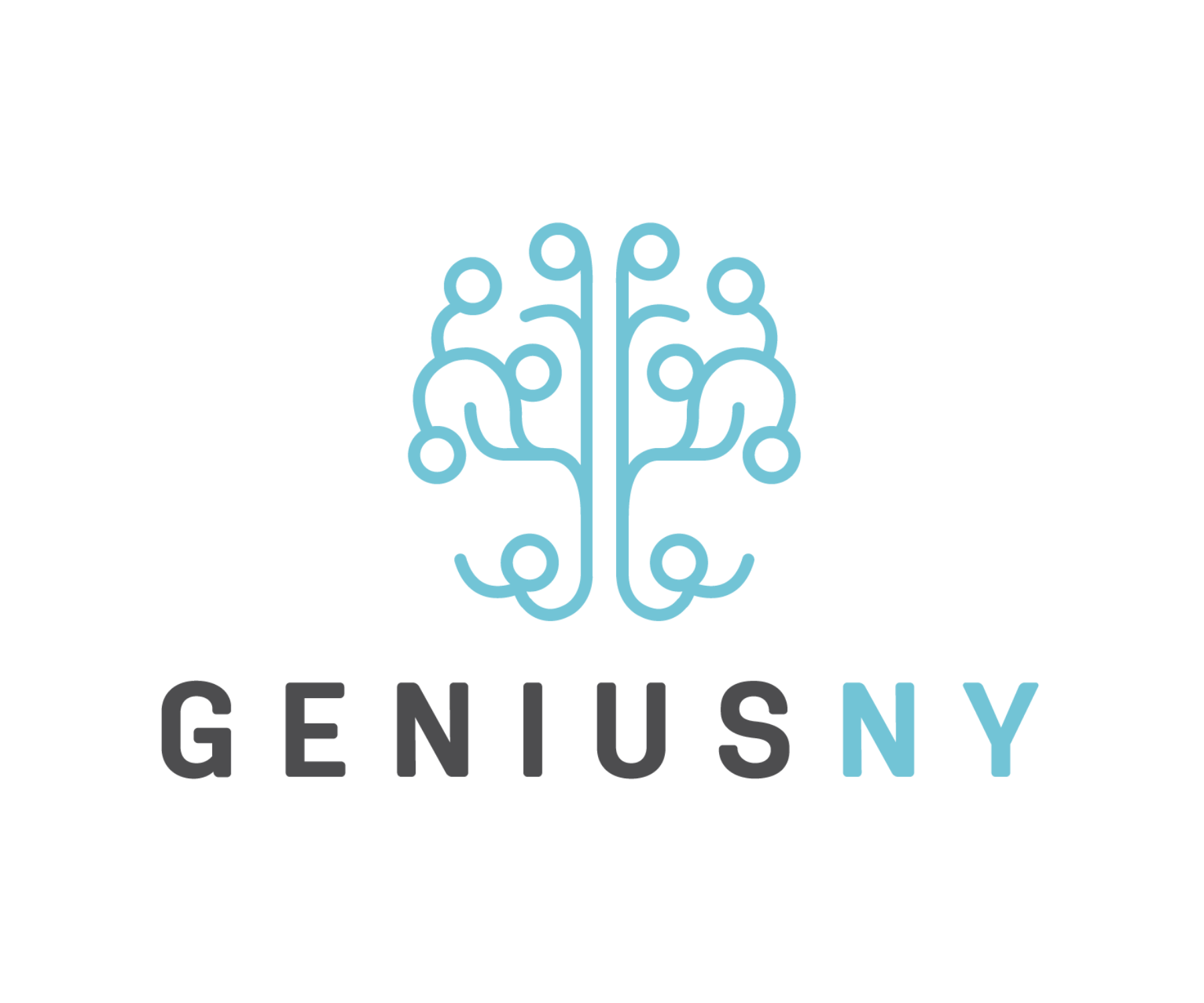Logo with a stylized blue line drawing of a brain and the text 'Genius NY' underneath, with 'Genius' in black and 'NY' in light blue.