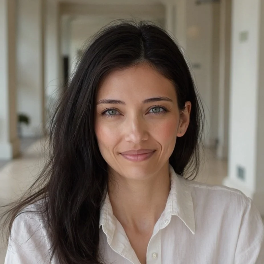 Portrait of Catherine Alvarado, LMFT, owner and clinical supervisor in Redondo Beach, smiling warmly in front of a light background with sunburst décor. Specializes in EMDR therapy for anxiety, trauma, and children, teens, and adults.