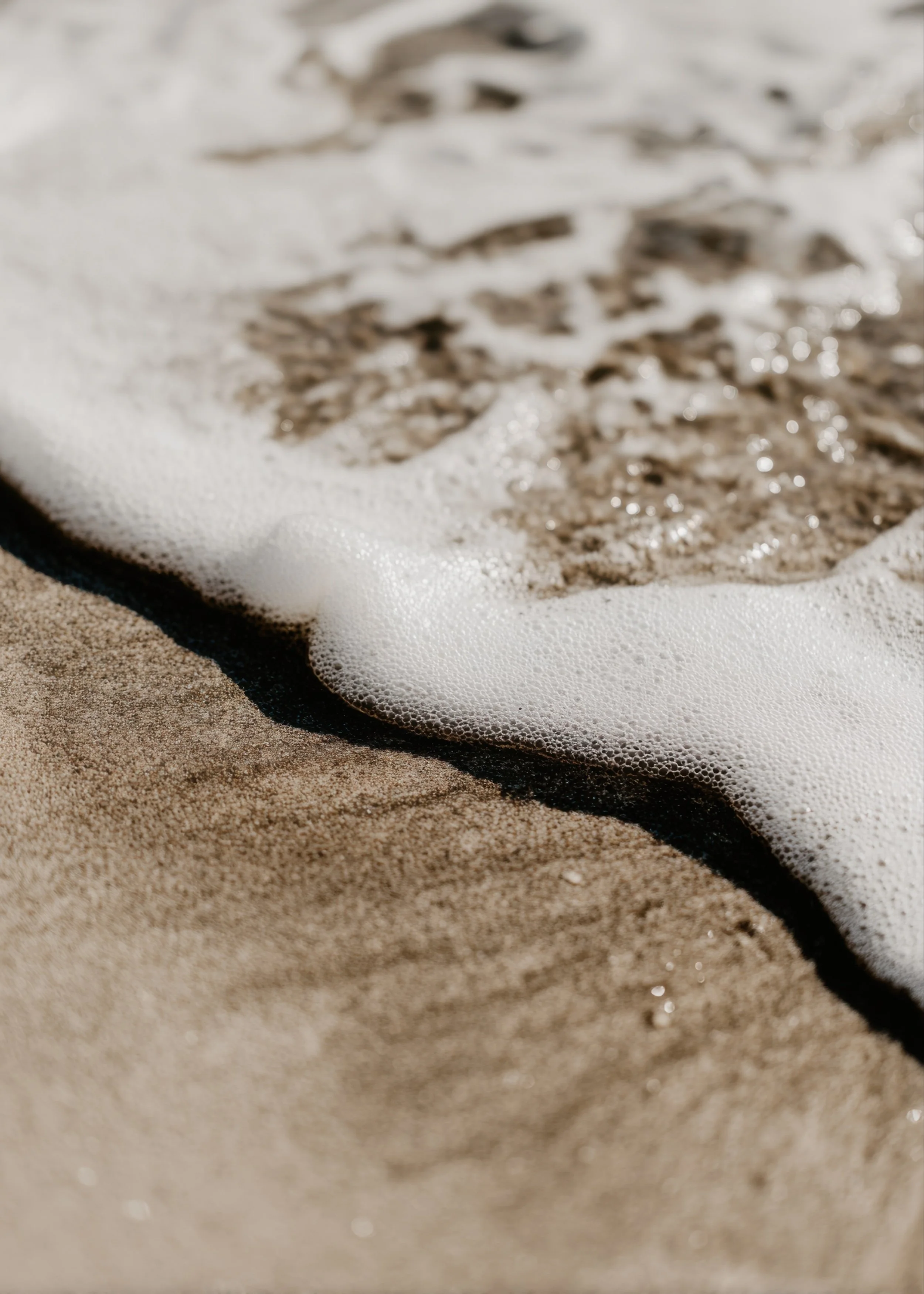 Close-up of sea foam washing onto a sandy beach shoreline, with soft sunlight reflecting on the water and warm natural tones
