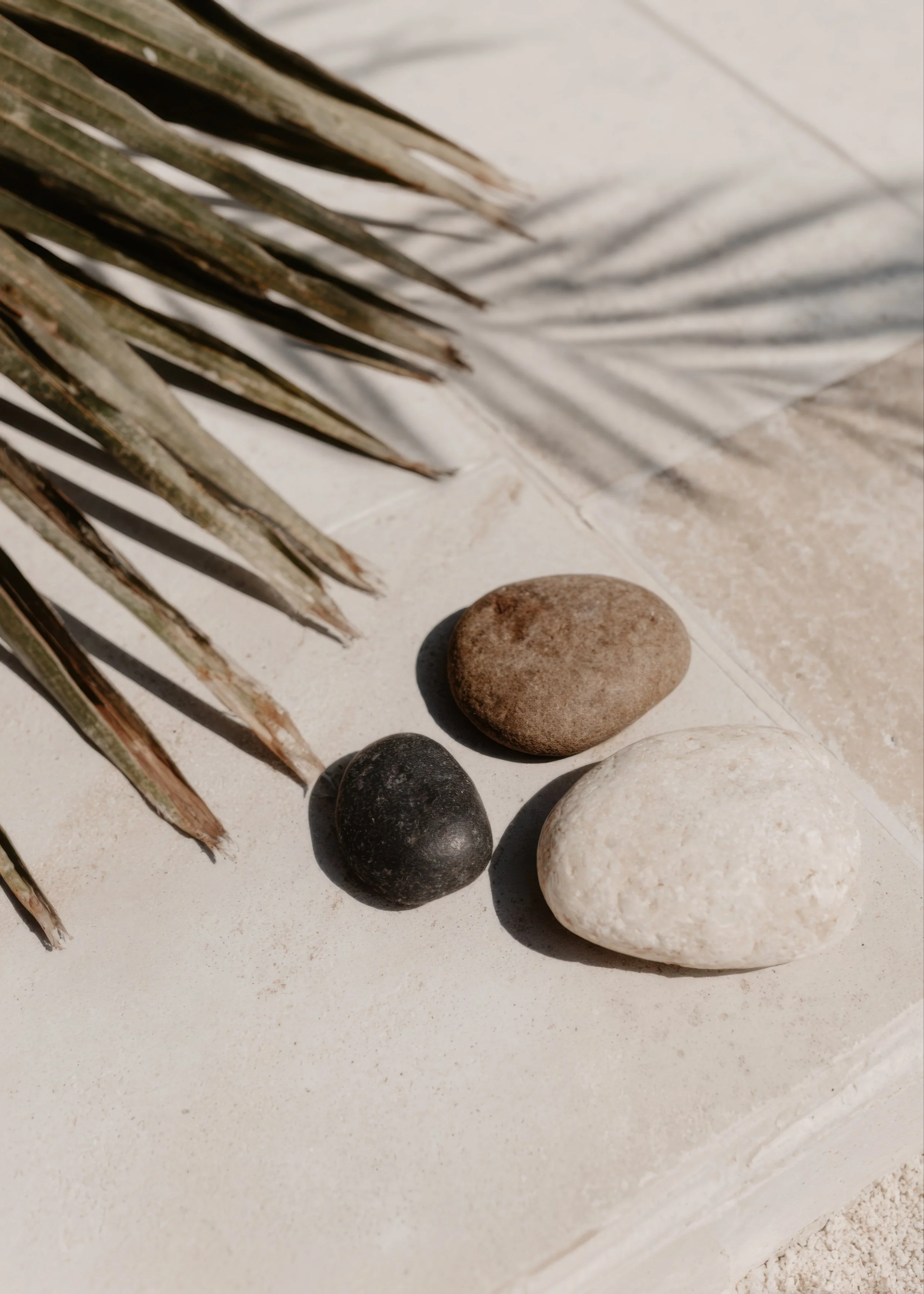 Neutral-toned stones and soft natural shadows arranged in a calming, minimalist setting representing grounding, balance, and holistic emotional healing