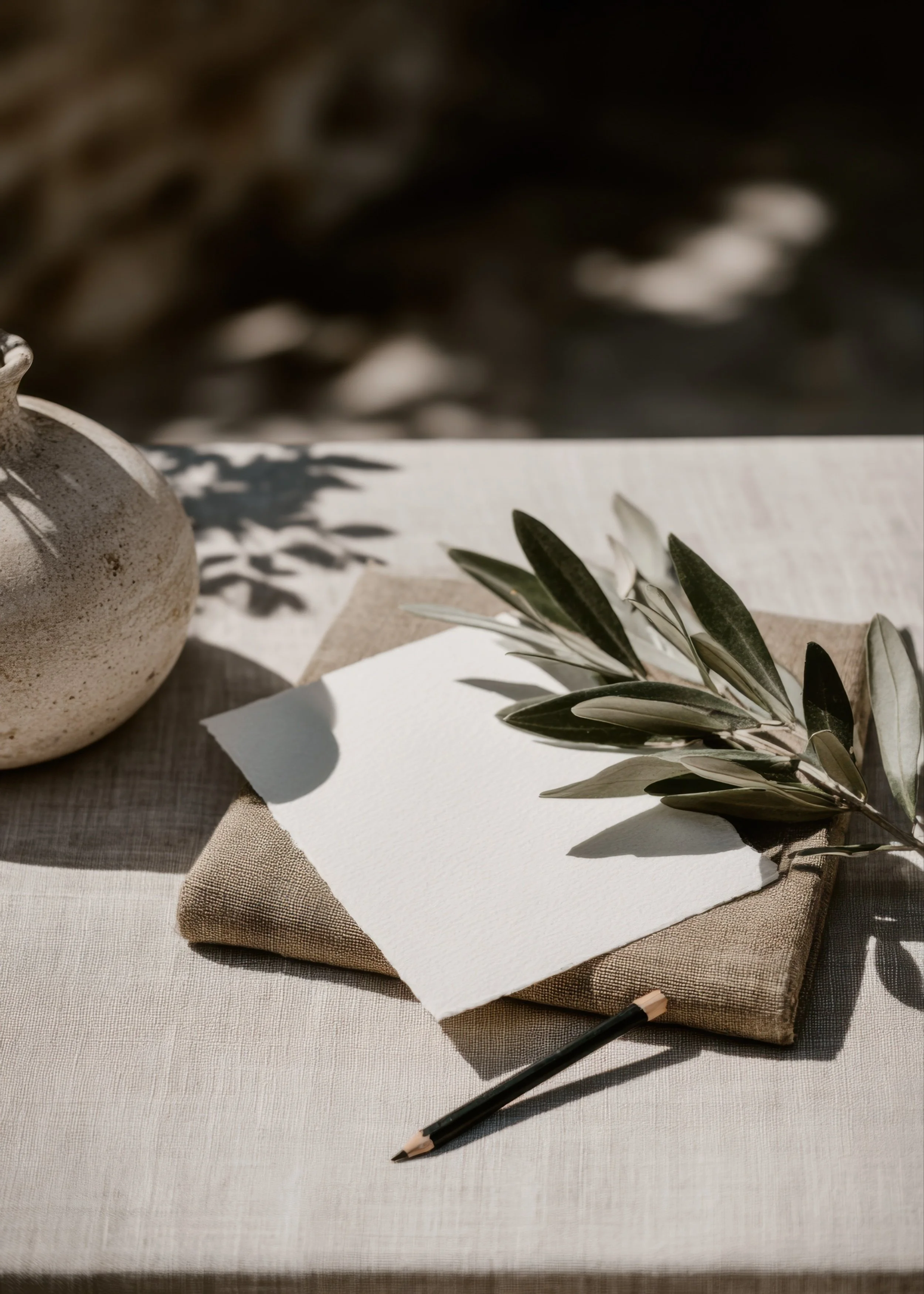 Neutral-toned workspace with a blank card, pencil, folded linen fabric, olive branches, and ceramic vase in warm natural light.